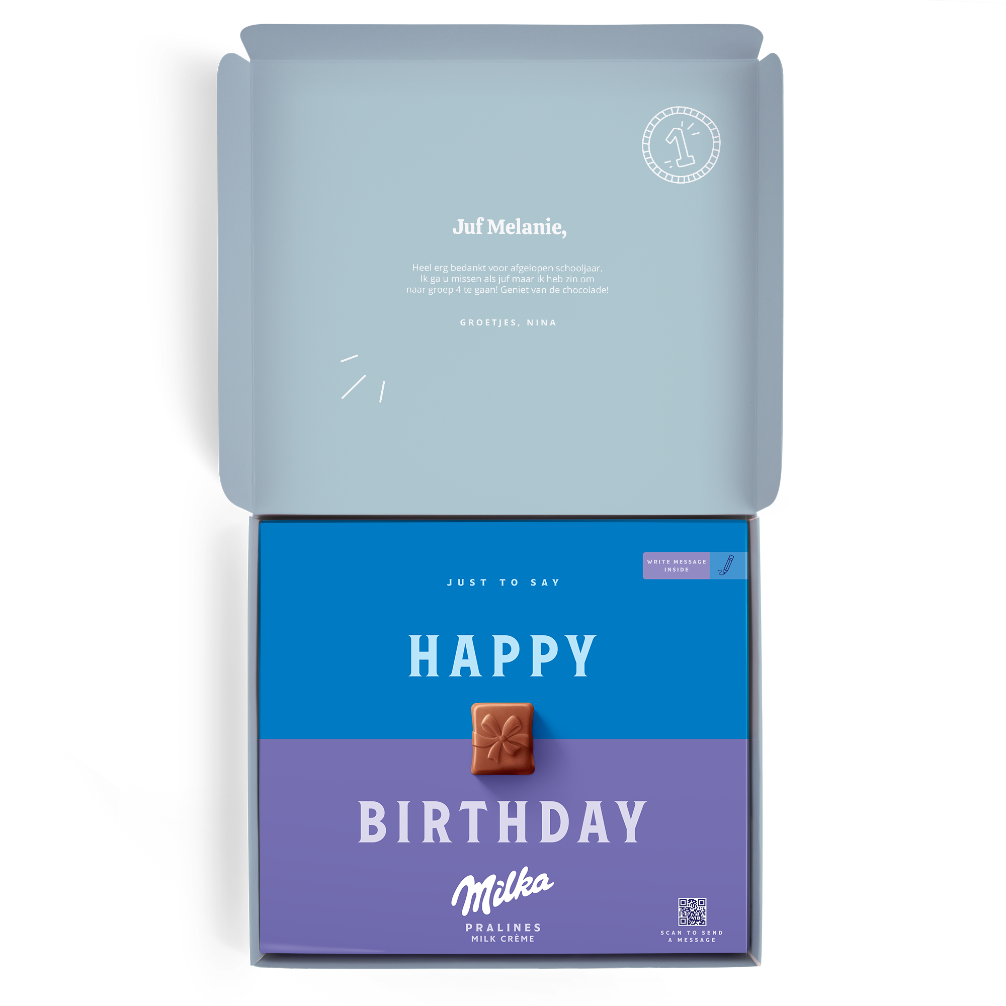 Open paarse Milka chocoladebox bedrukt met de tekst "Happy Birthday", een chocolade cadeautje en een gepersonaliseerde boodschap voor juf Melanie van Nina.