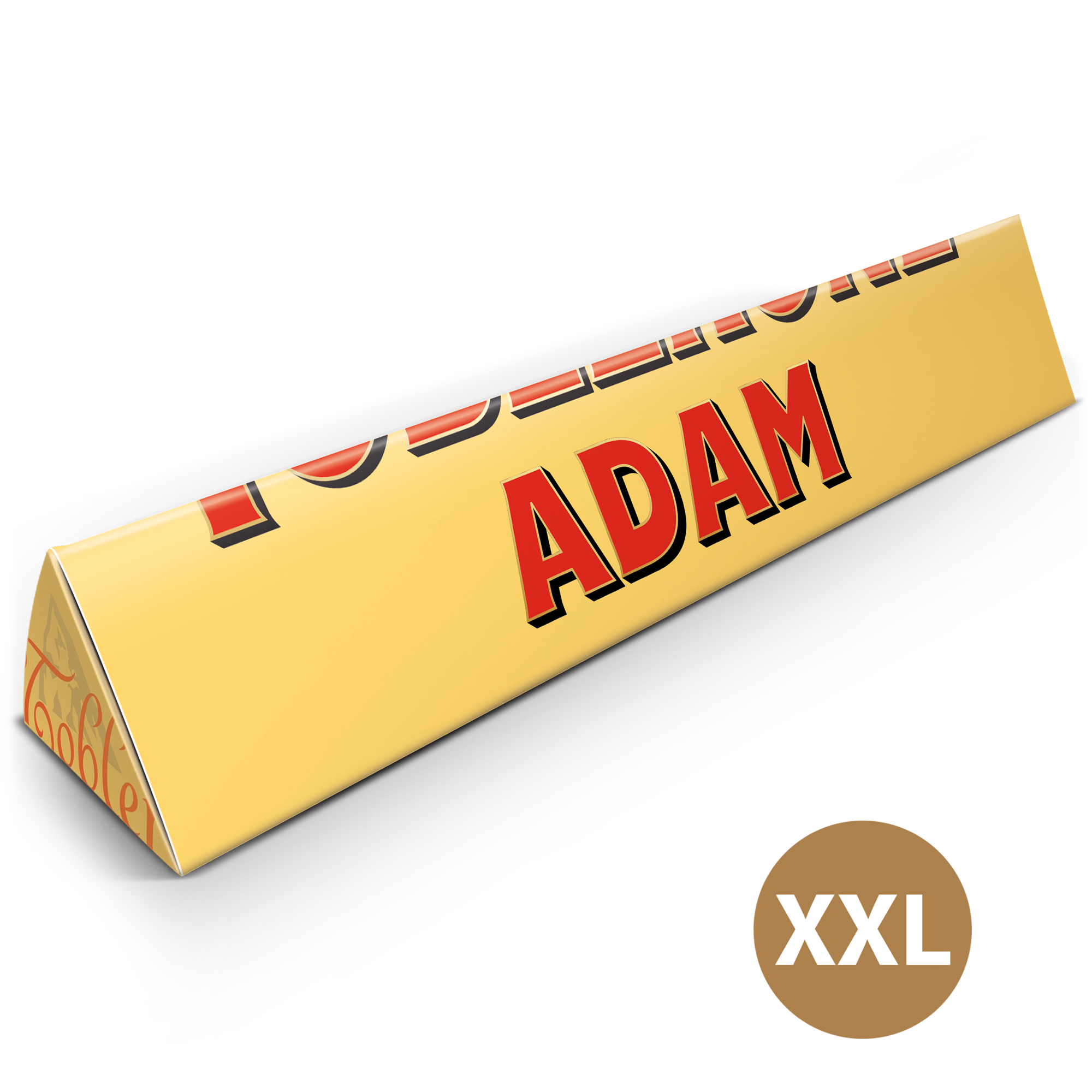 Toblerone XXL personnalisé avec le prénom ADAM en rouge, pour une méga surprise.