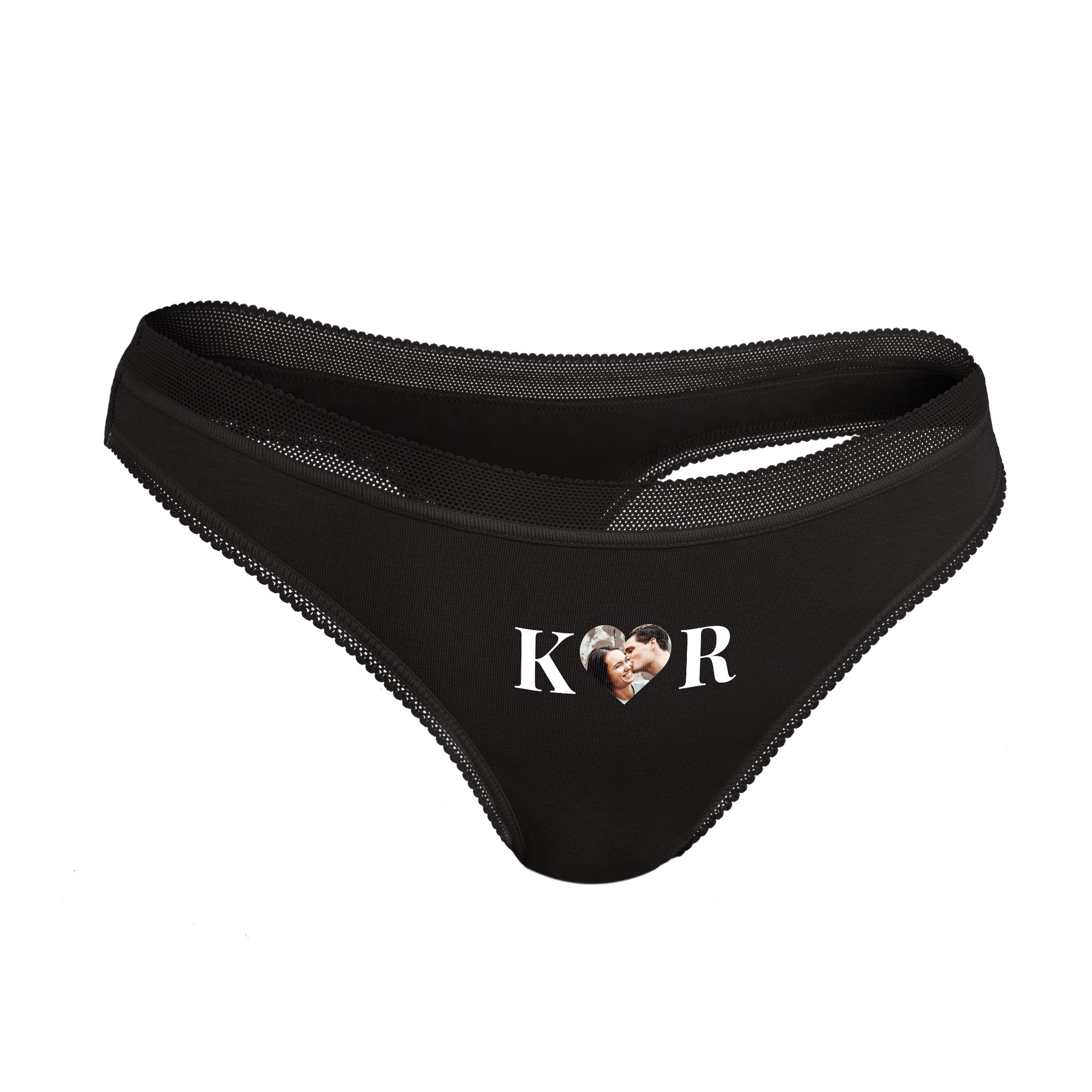 Black women's thong printed with a photo of a couple and K and R text. Add your photo and/or text to create a personalised women's thong.