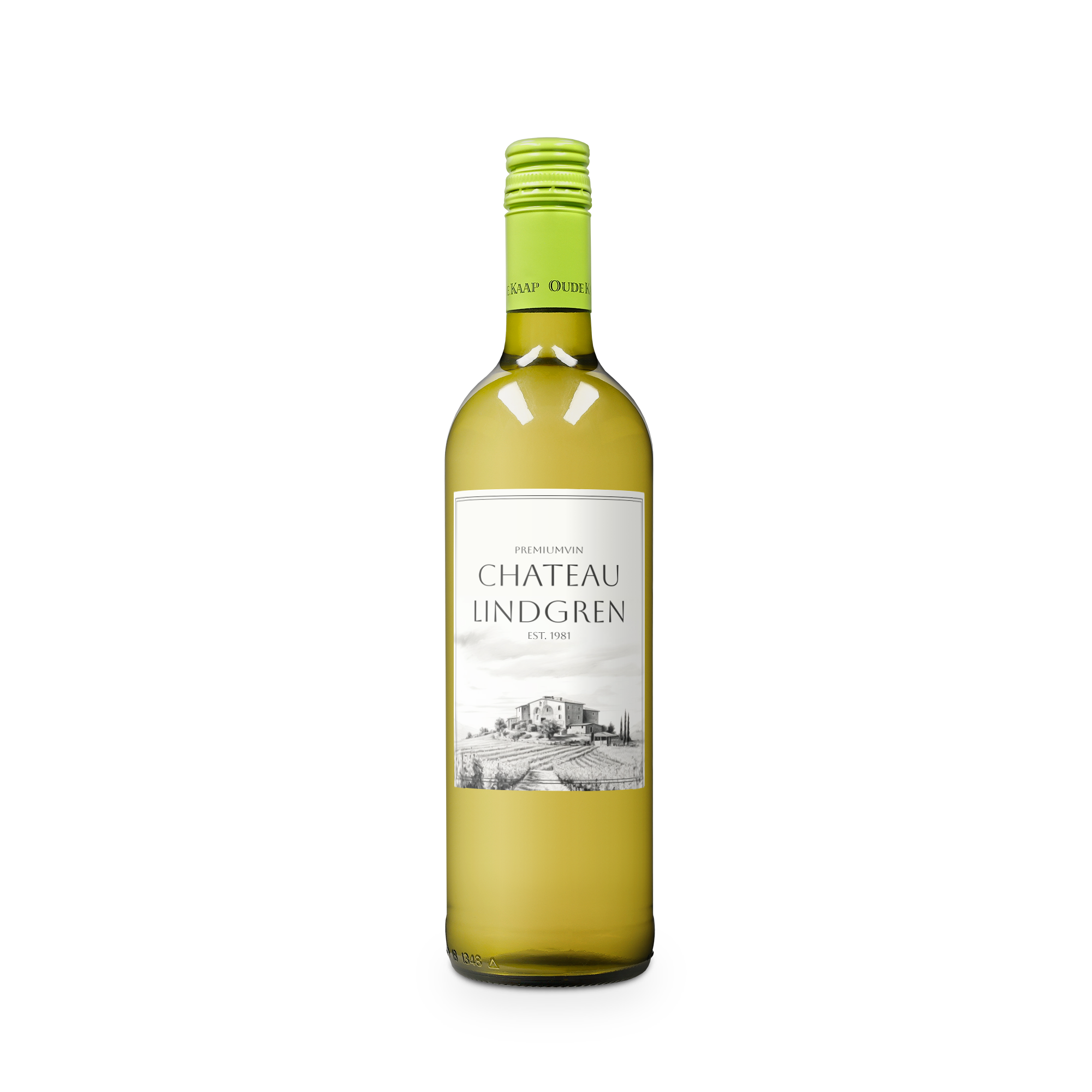 Flaska Oude Kaap vitt vin med personlig etikett. Etiketten är tryckt med texten Chateau Lindgren Est. 1981 och ett vingårdsmotiv.