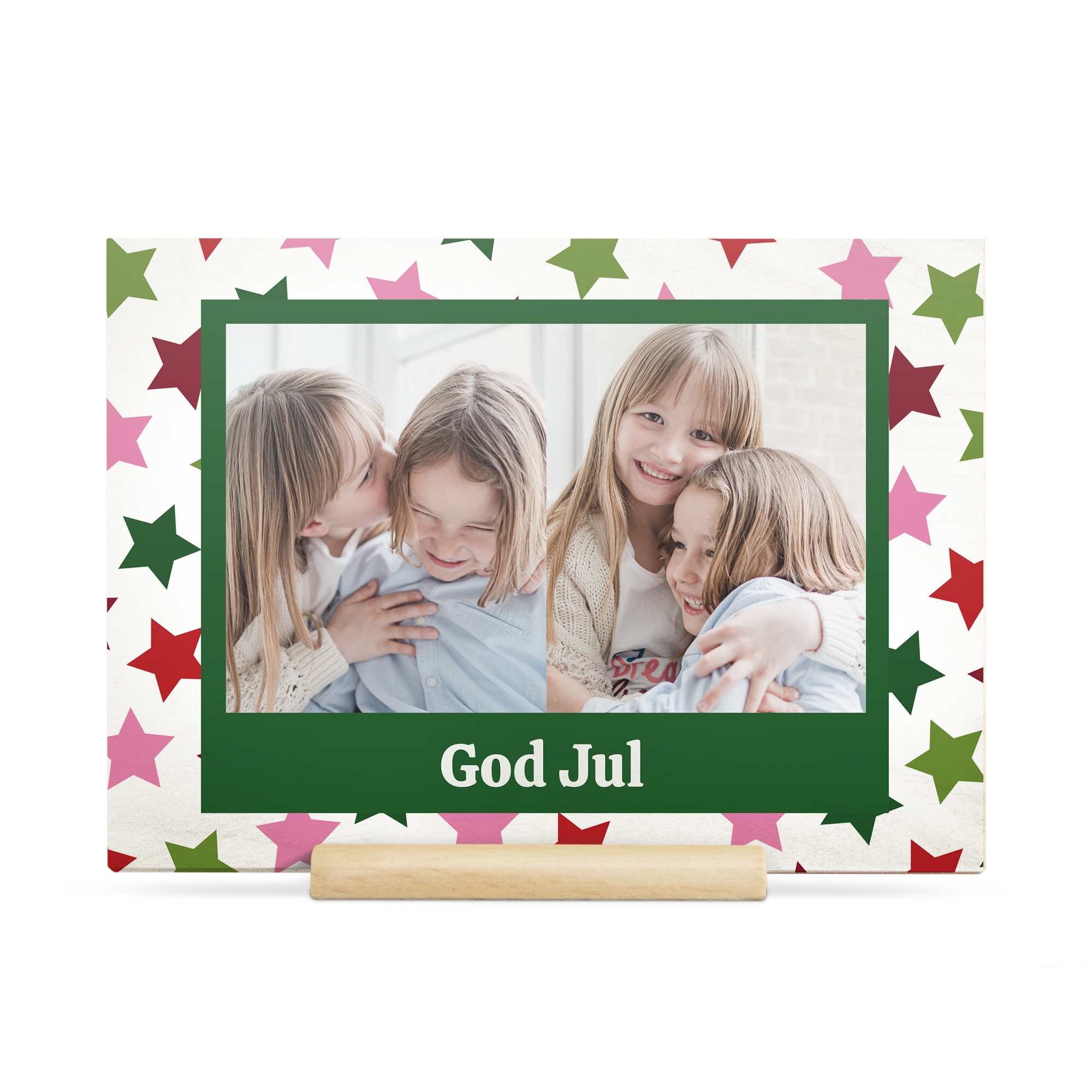 Personlig trekort med bilde av fire barn og teksten God Jul, omringet av røde, grønne og rosa stjerner.