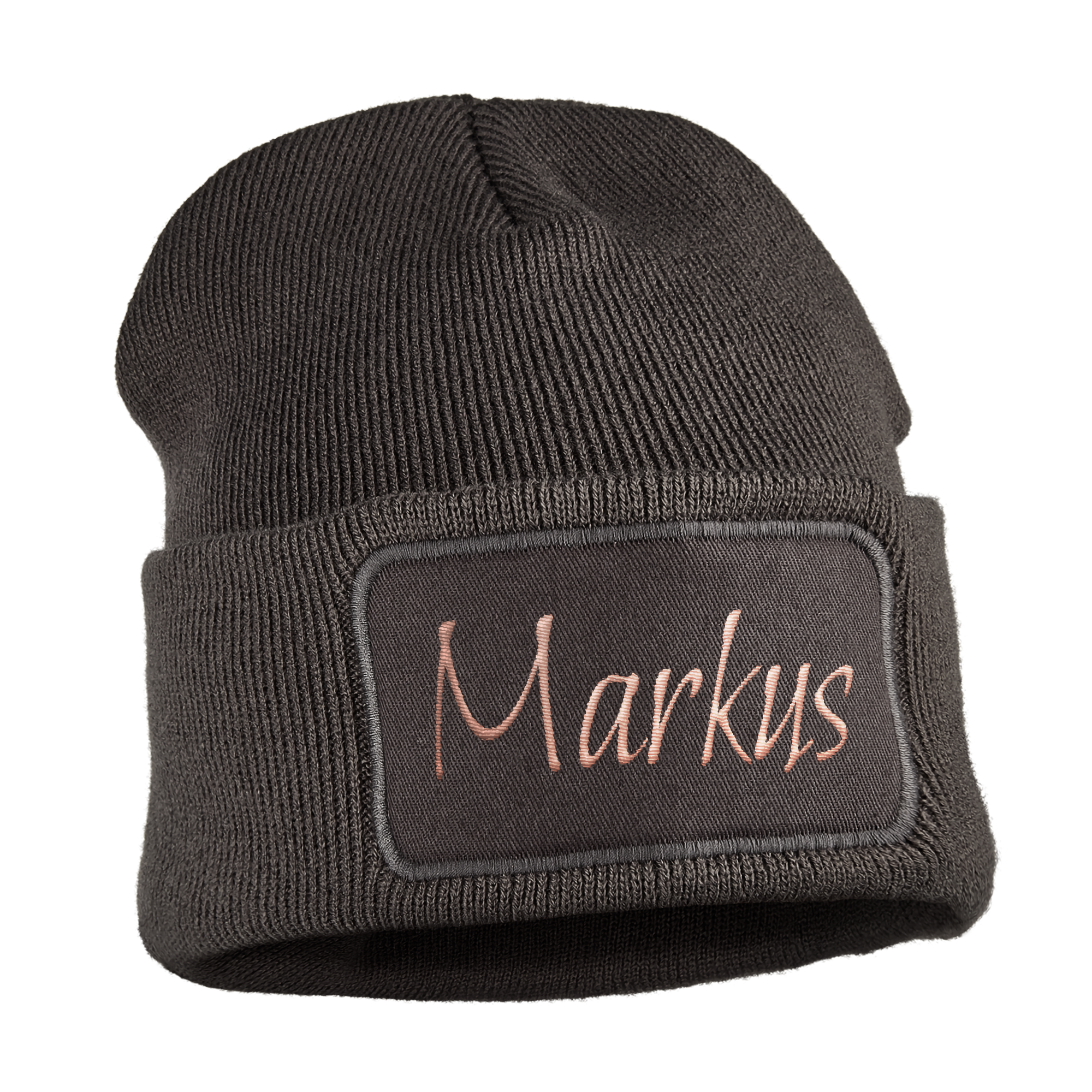 Dunkelgraue Mütze mit Namen Markus in Rosé gestickt.
