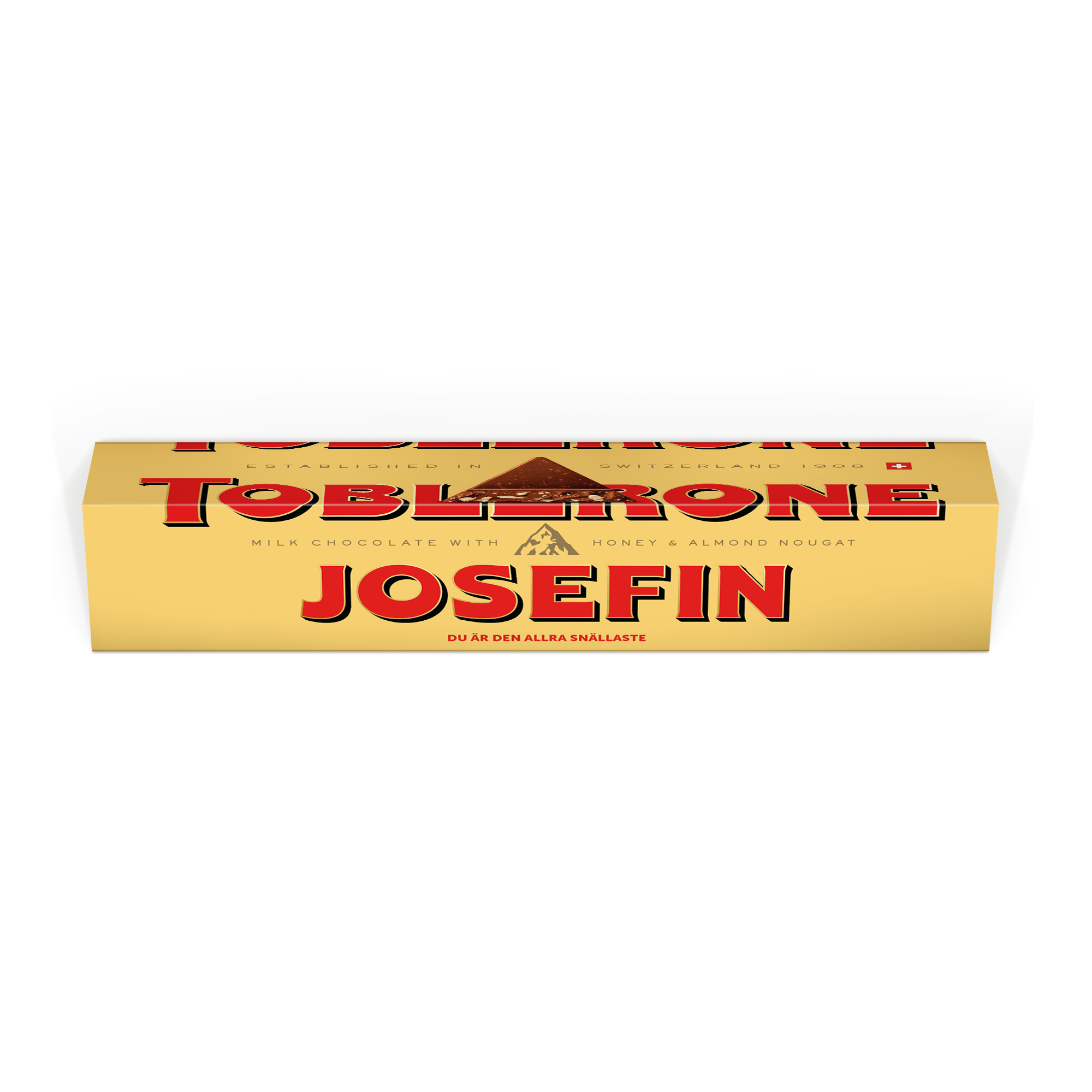 En Personlig Toblerone-kaka - 3600 gram med namn Josefin och texten "Du är den allra snällaste" tryckt på den gula förpackningen.