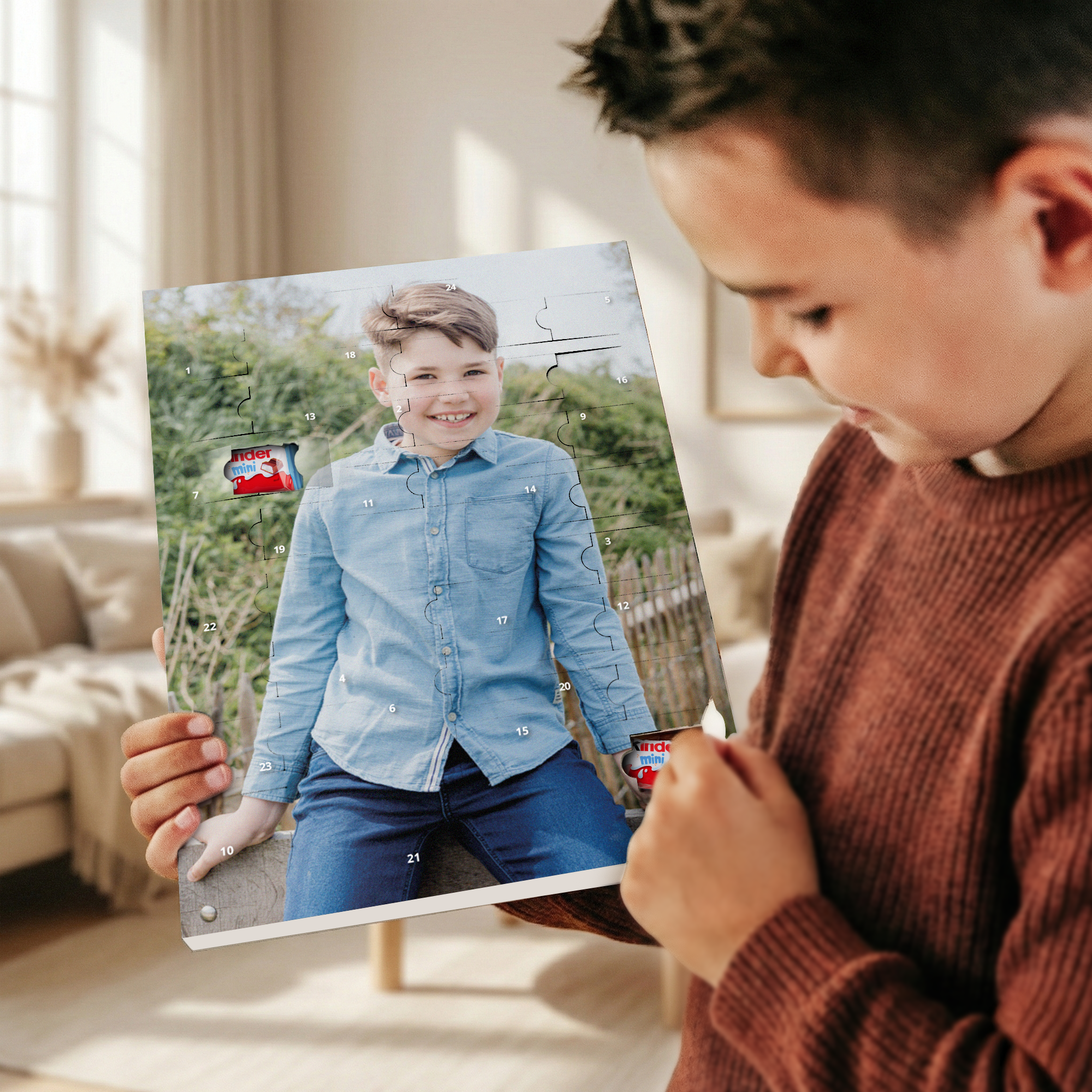 Junge hält personalisierten Kinder Schokolade Countdown-Kalender mit seinem gedruckten Foto in den Händen.