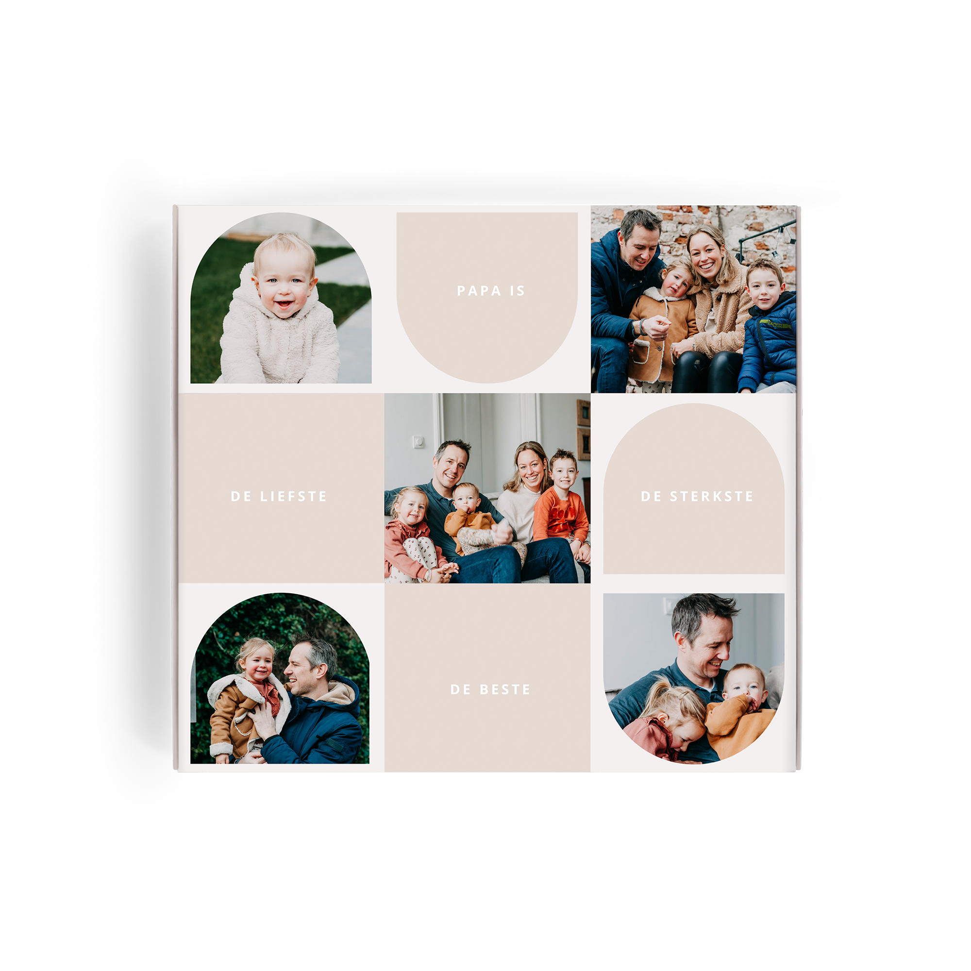Een bedrukte Milka giftbox voor papa's met foto's en de tekst "Papa is de liefste, de sterkste, de beste".