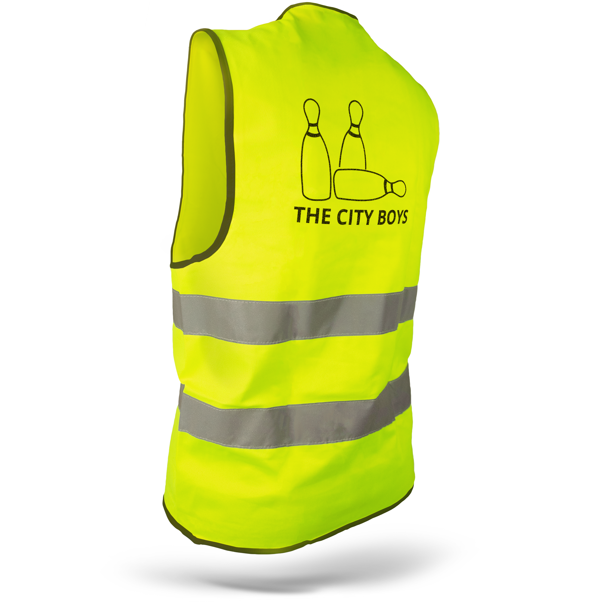 Żółta kamizelka odblaskowa z nadrukowanym wzorem kręgli i tekstem The City Boys, z poziomymi paskami odblaskowymi.