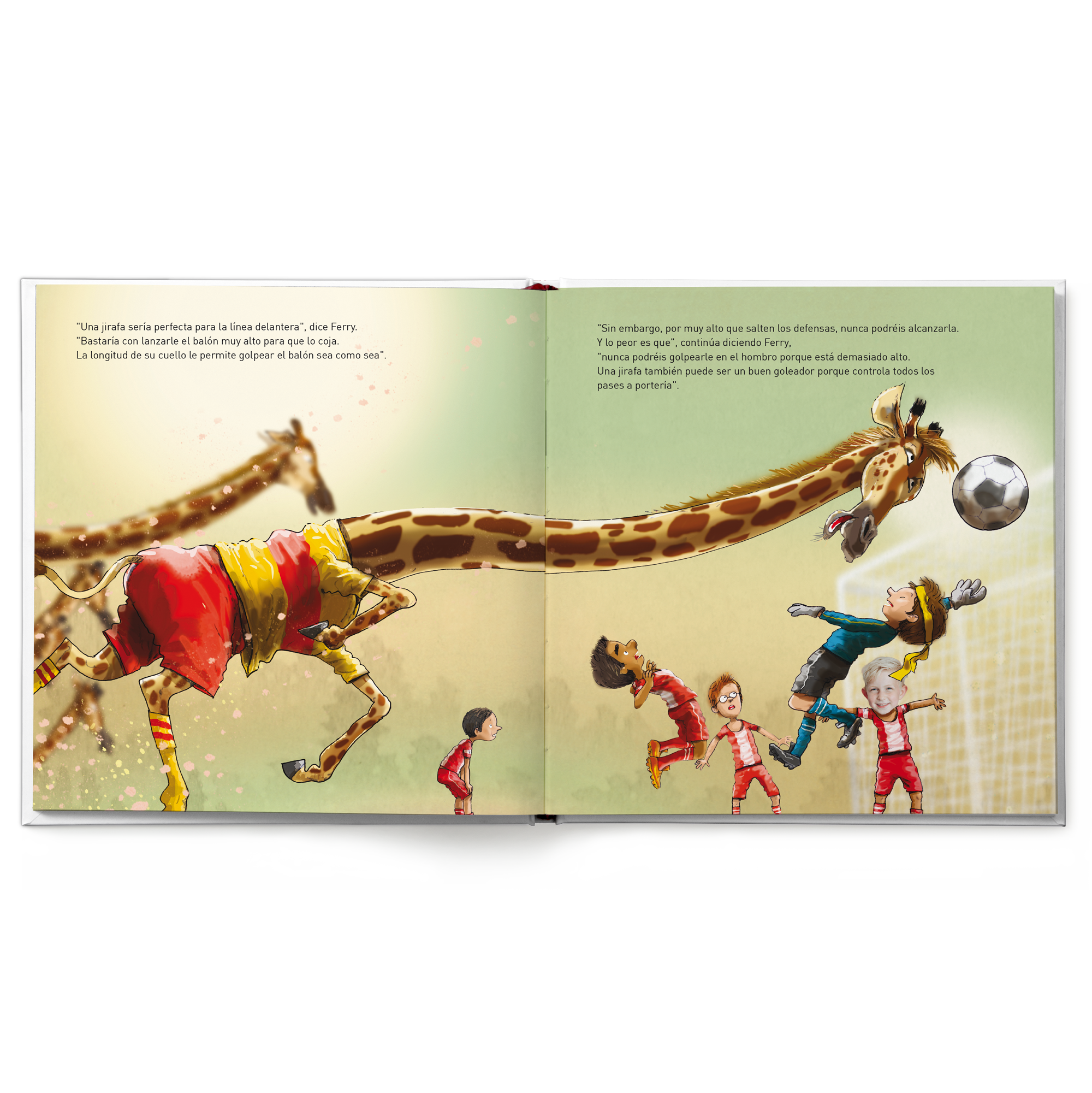 Libro personalizado de fútbol con una jirafa y niños, impreso con la foto del protagonista.