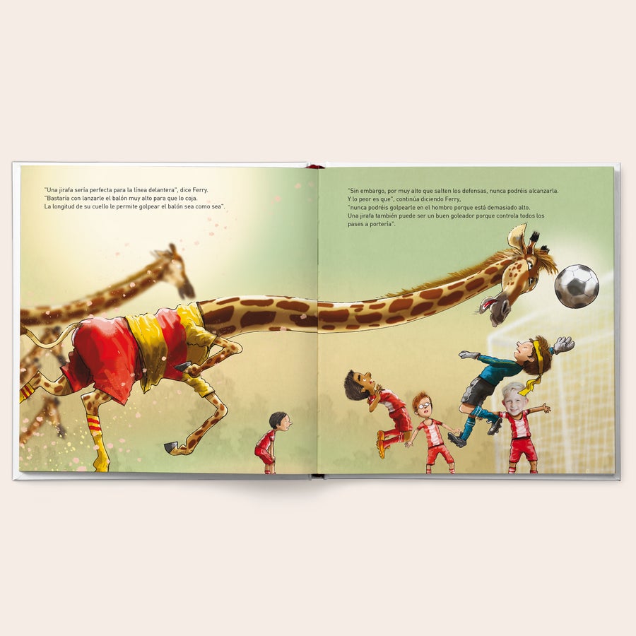 Cuento personalizado - Tu propio equipo animal Libro personalizado de fútbol con una jirafa y niños, impreso con la foto del protagonista.