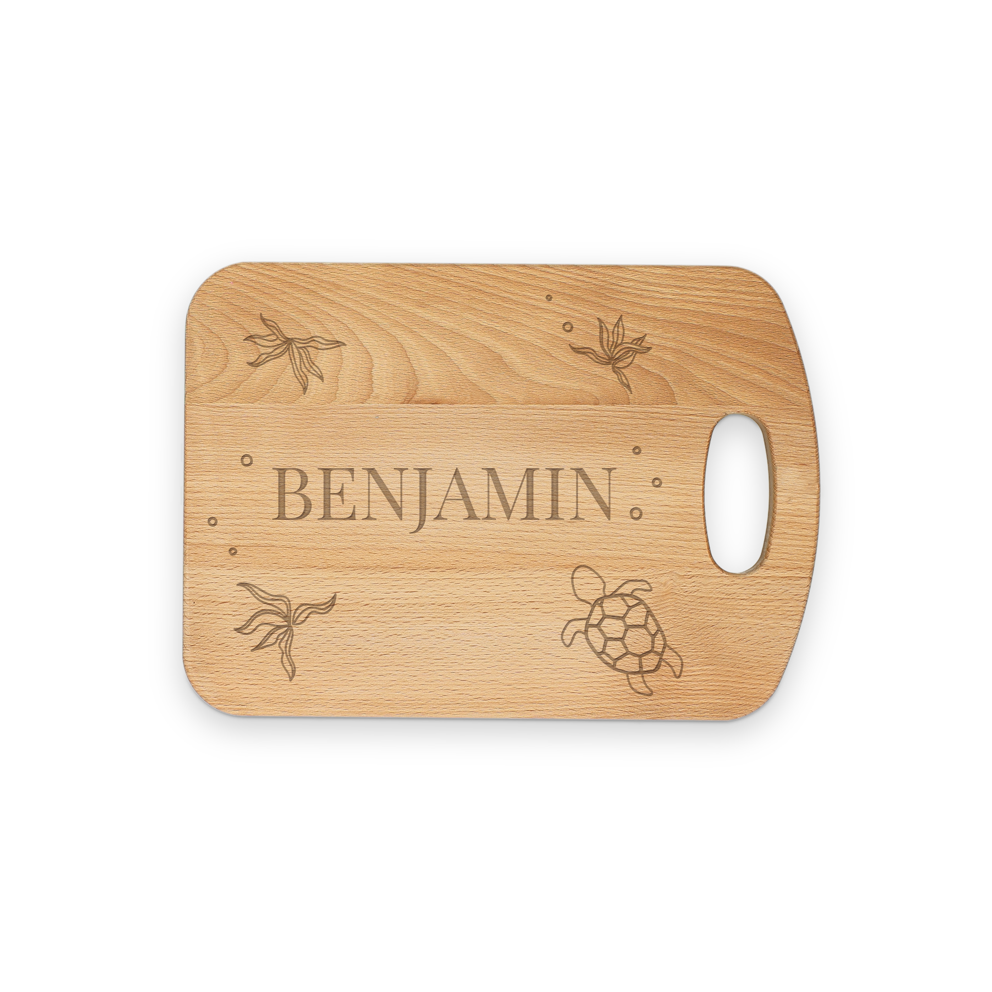 Houten broodplank gegraveerd met de naam BENJAMIN en zee-elementen, om het ontbijt te personaliseren