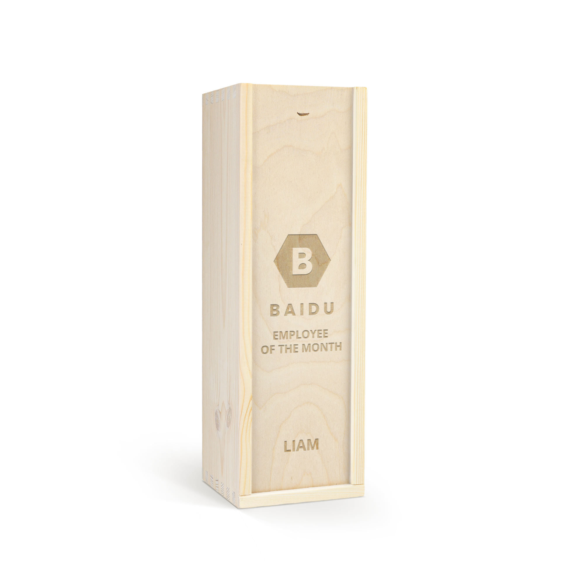 Wooden case engraved with Baidu logo and text Employee of the Month Liam for a bottle of red Belvy wine