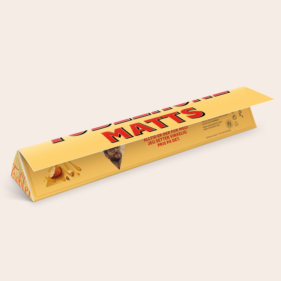 Toblerone med navn Personlig Toblerone sjokolade med trykt navn Matts og en hilsen.
