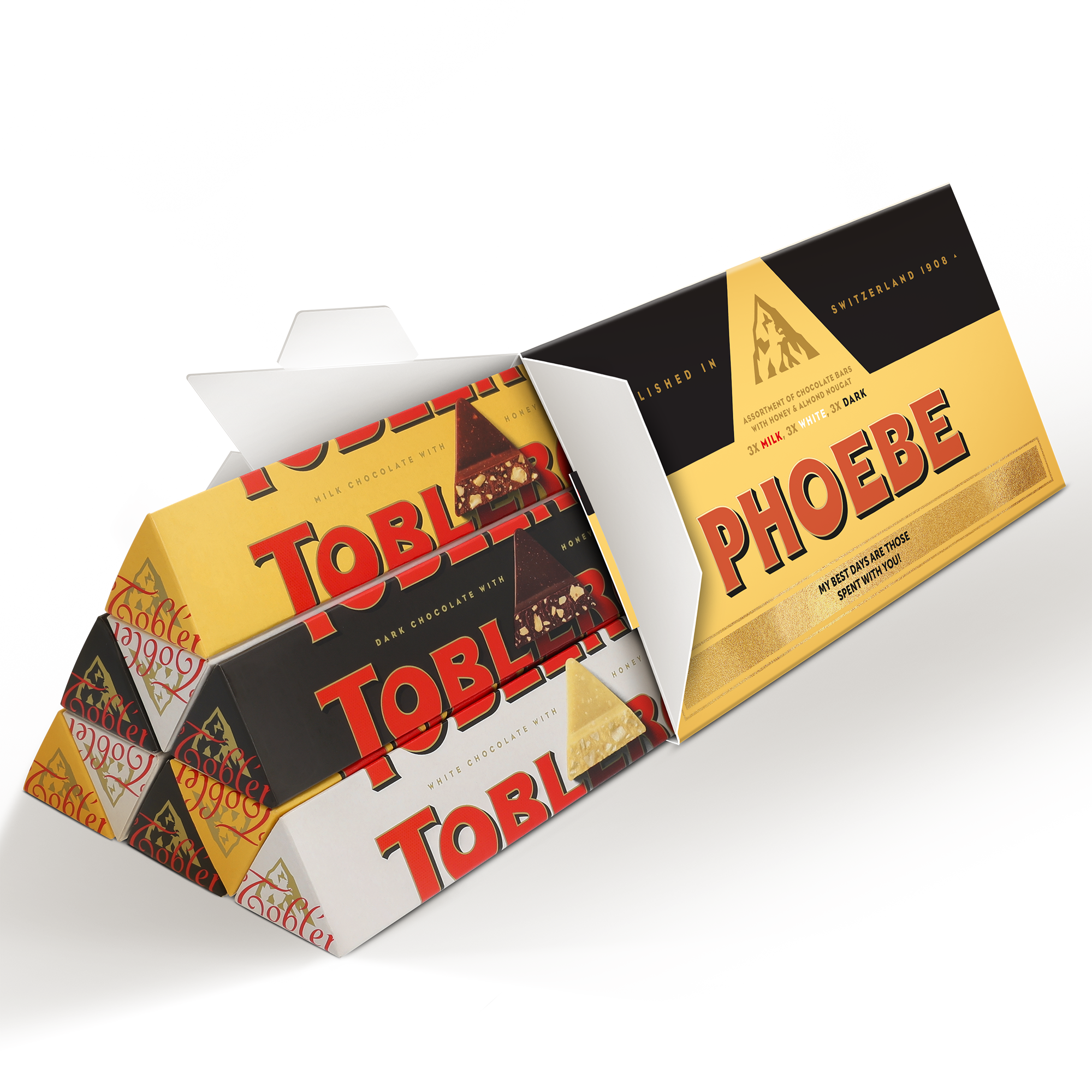 Ta spersonalizowana tabliczka czekolady XL Toblerone Selection z imieniem Phoebe i wiadomością, zadrukowana z 9 mniejszymi batonami Toblerone w środku.