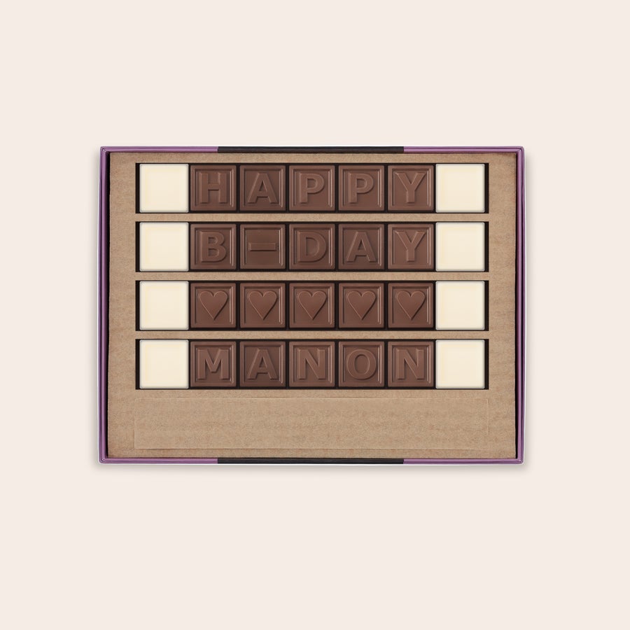 Messages en chocolat - Chocotelegram Chocotelegram® personnalisé Happy Birthday Manon en chocolat au lait et blanc