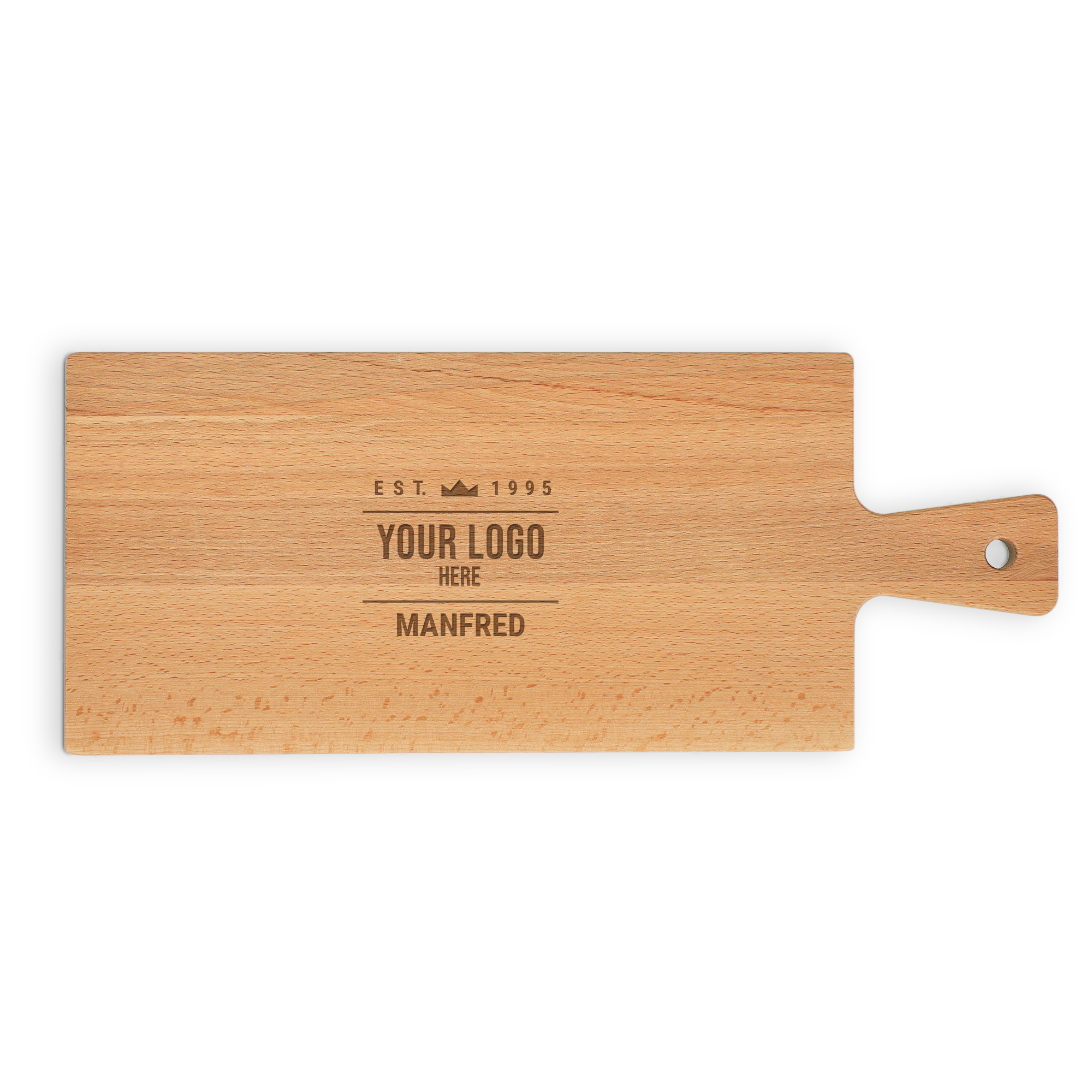 Personalisiertes Holzservierbrett graviert mit "YOUR LOGO HERE Manfred EST. 1995"