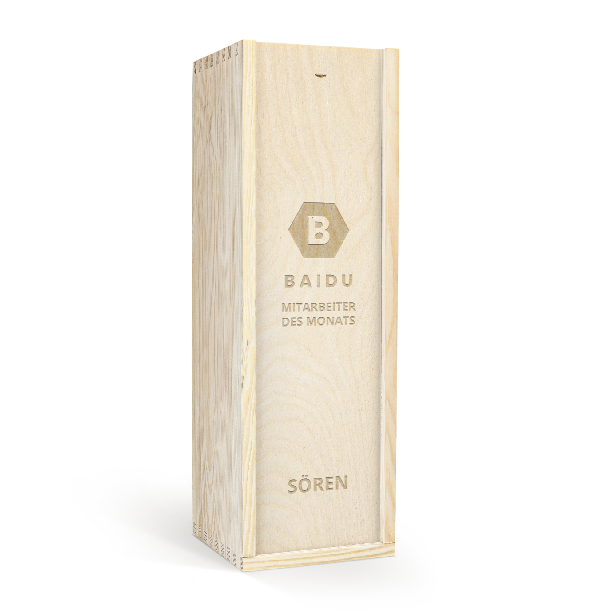 Personalisierte Holzkiste mit graviertem Dalwhinnie 15 Years Whisky, graviert mit dem Text Baidu Mitarbeiter des Monats und dem Namen Sören