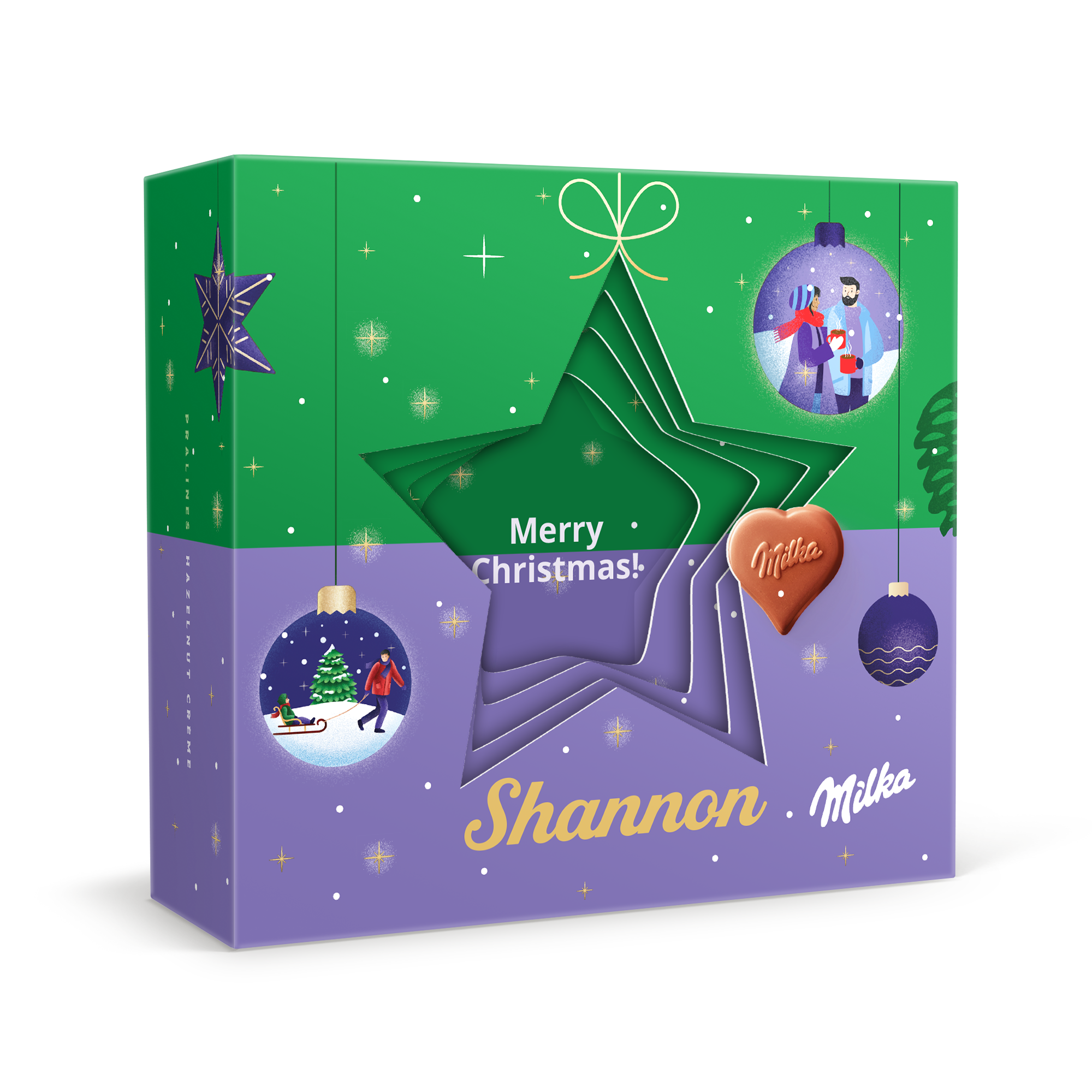 Inimi Milka în cutie cadou 3D personalizată - Crăciun