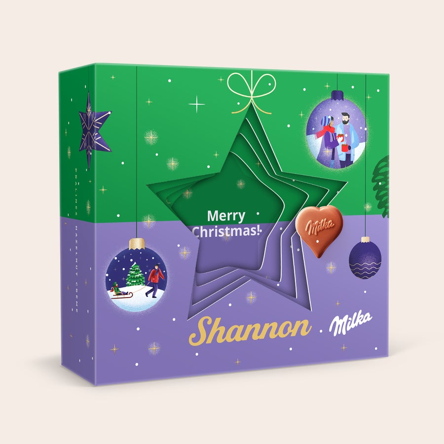 Inimioare Milka în cutie cadou personalizată 3D - Crăciun Inimioare Milka în cutie cadou personalizată 3D - Crăciun