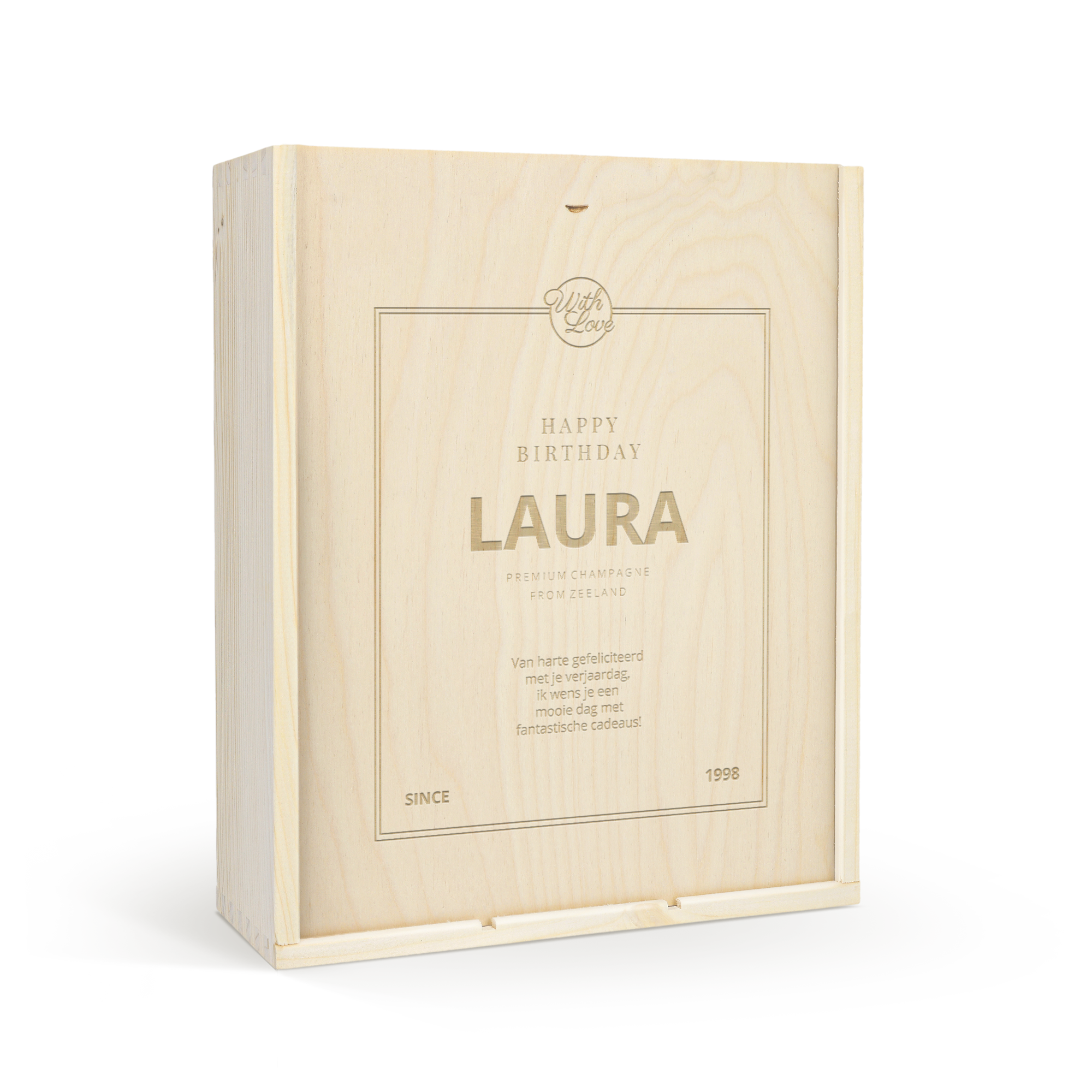Houten champagnepakket gegraveerd met "Happy Birthday Laura", een persoonlijk proost! cadeau
