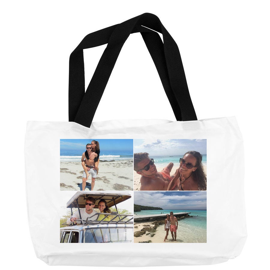 Sacola de compras branca personalizada impressa com uma colagem de quatro fotos coloridas de férias