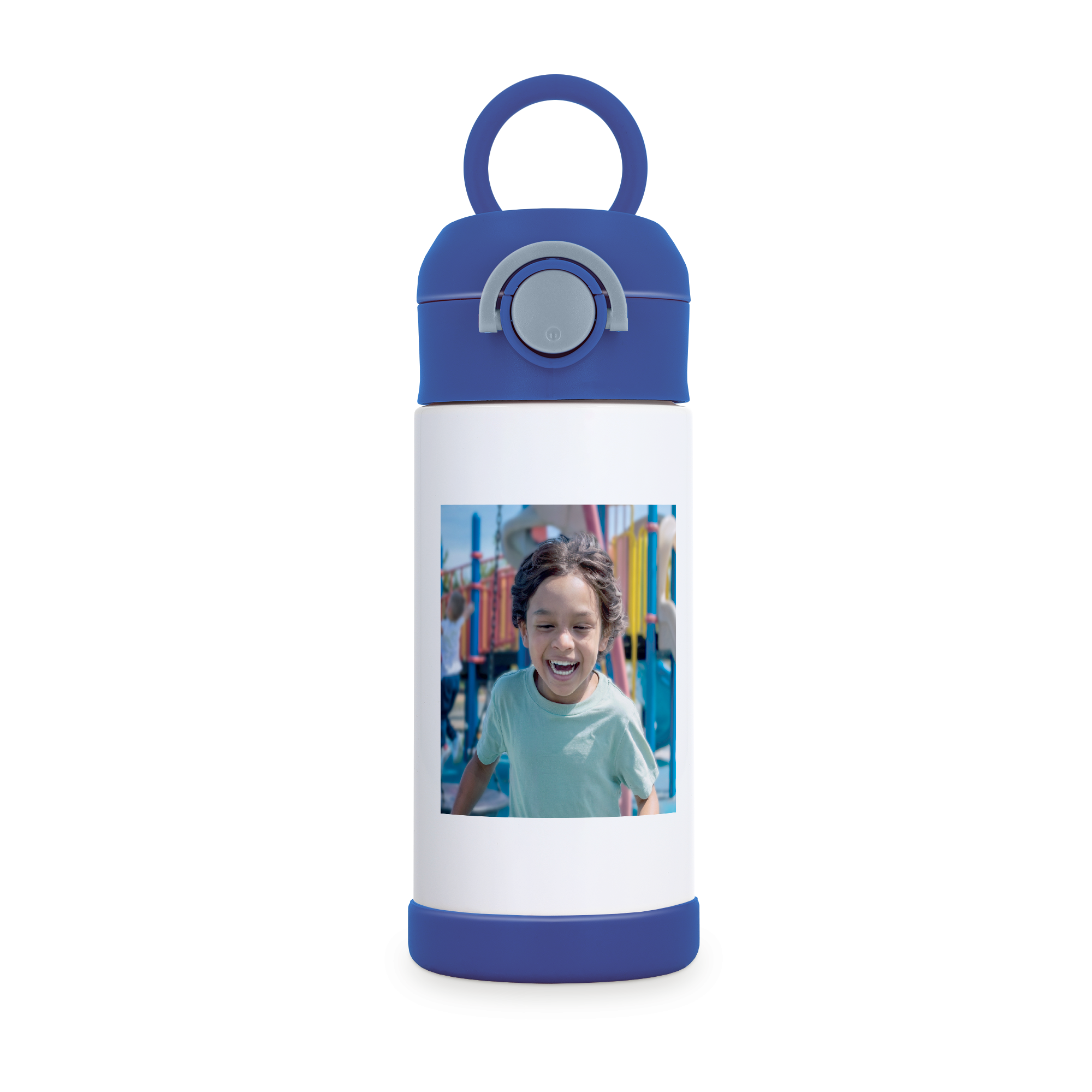 Bottiglia d'acqua in acciaio inossidabile per bambini, personalizzata con foto di un bambino sorridente, tappo blu