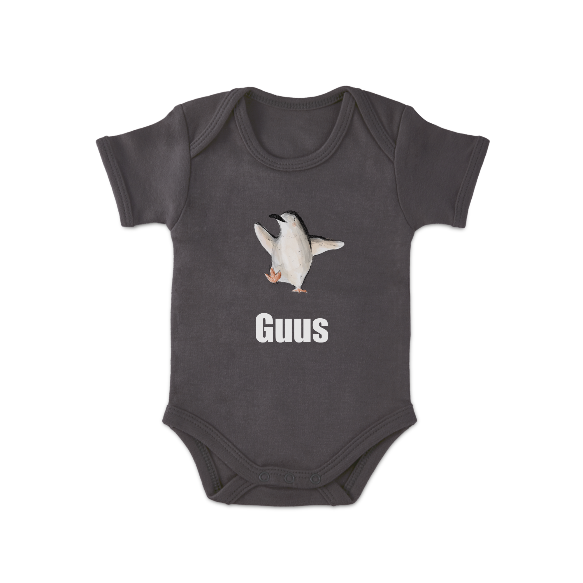 Antraciet babyrompertje bedrukt met een vrolijke dansende pinguïn en de naam Guus, ideaal om een rompertje te bedrukken