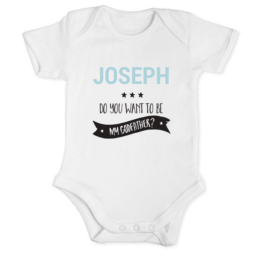 Sarai il mio padrino - onesie Tutina bianca personalizzata con stampa "JOSEPH" e "Do you want to be my godfather?", per chiedere al futuro padrino di tuo figlio