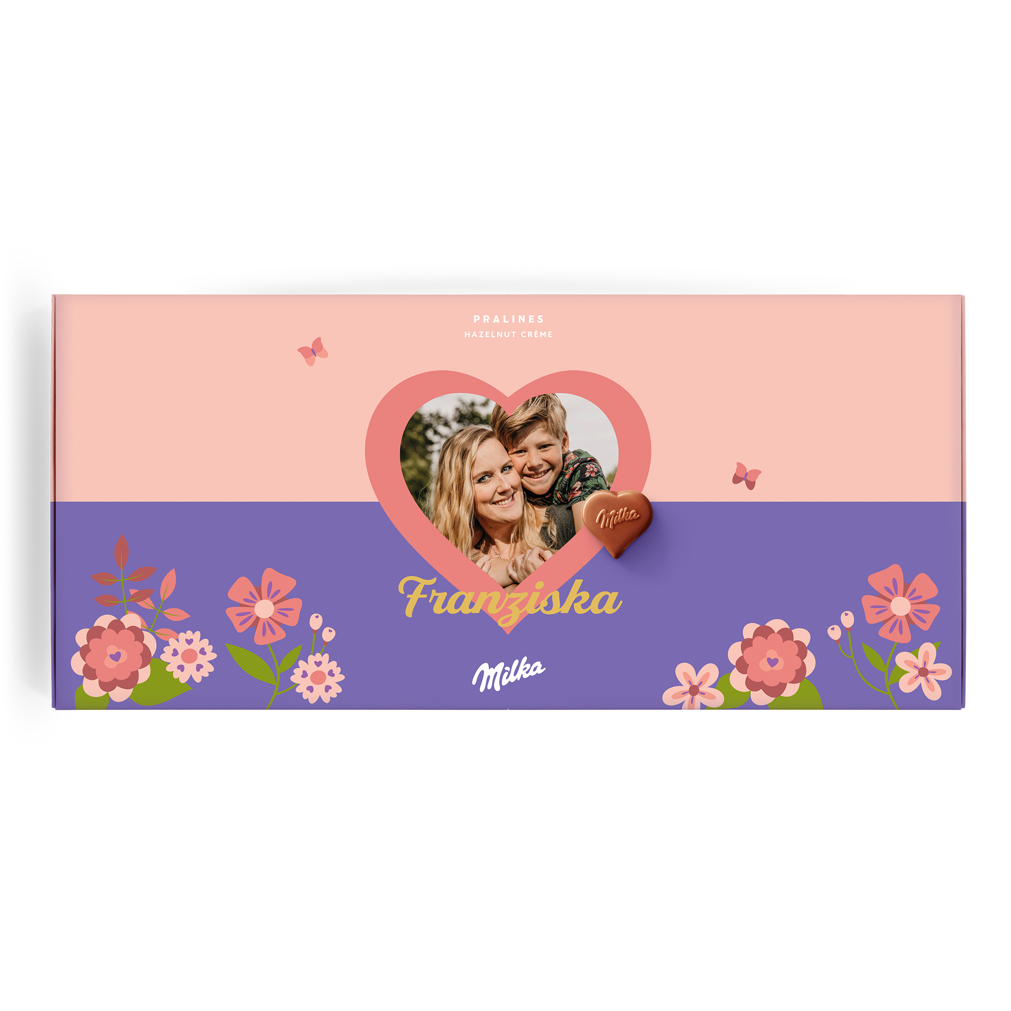 Sag es mit Milka Muttertag Schokoladen Geschenkbox mit gedrucktem Foto von Mutter und Kind und dem Namen Franziska