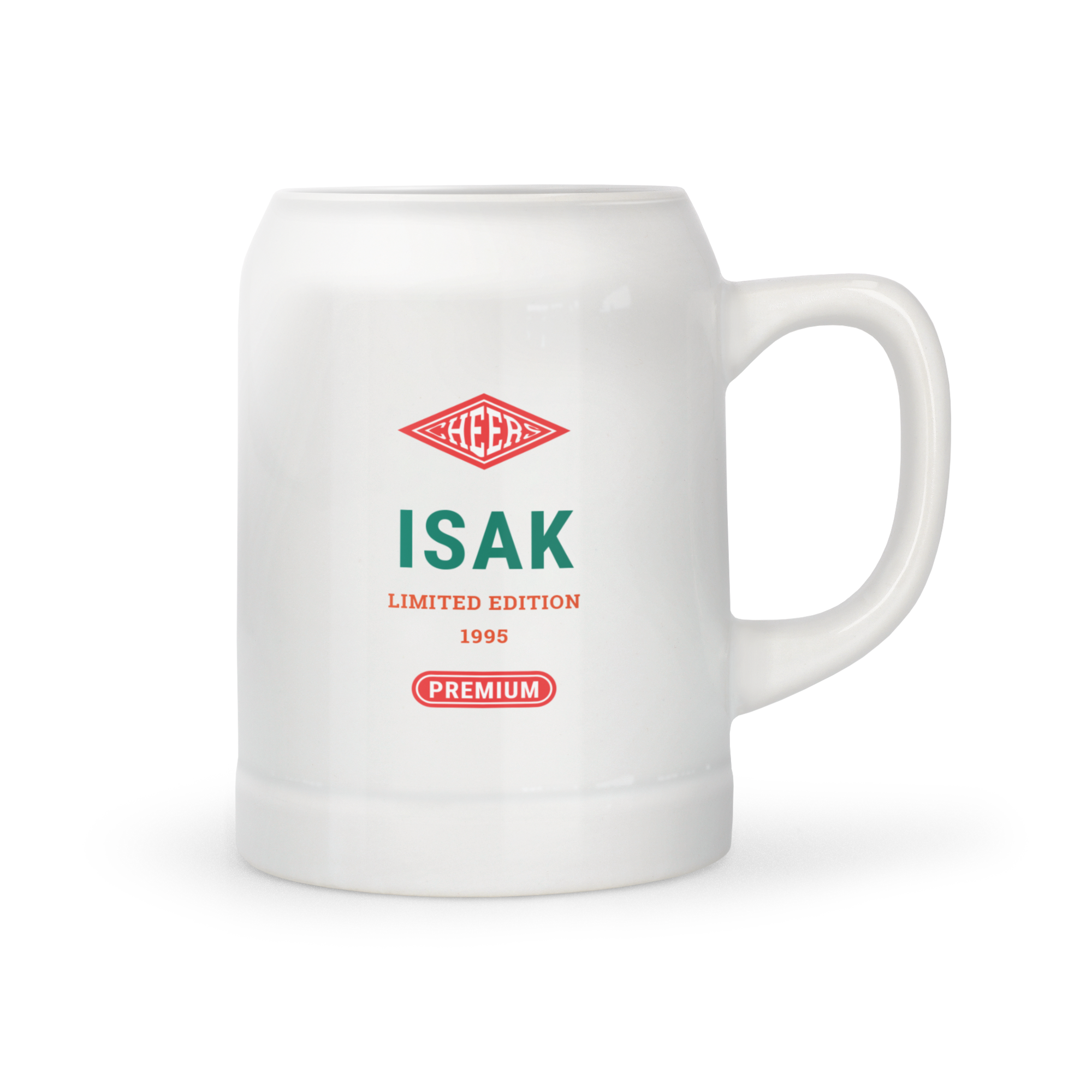 Weißer personalisierter Bierkrug mit dem Aufdruck "CHEERS", dem Namen ISAK und "LIMITED EDITION 1995 PREMIUM" als personalisiertem Bierkrug.