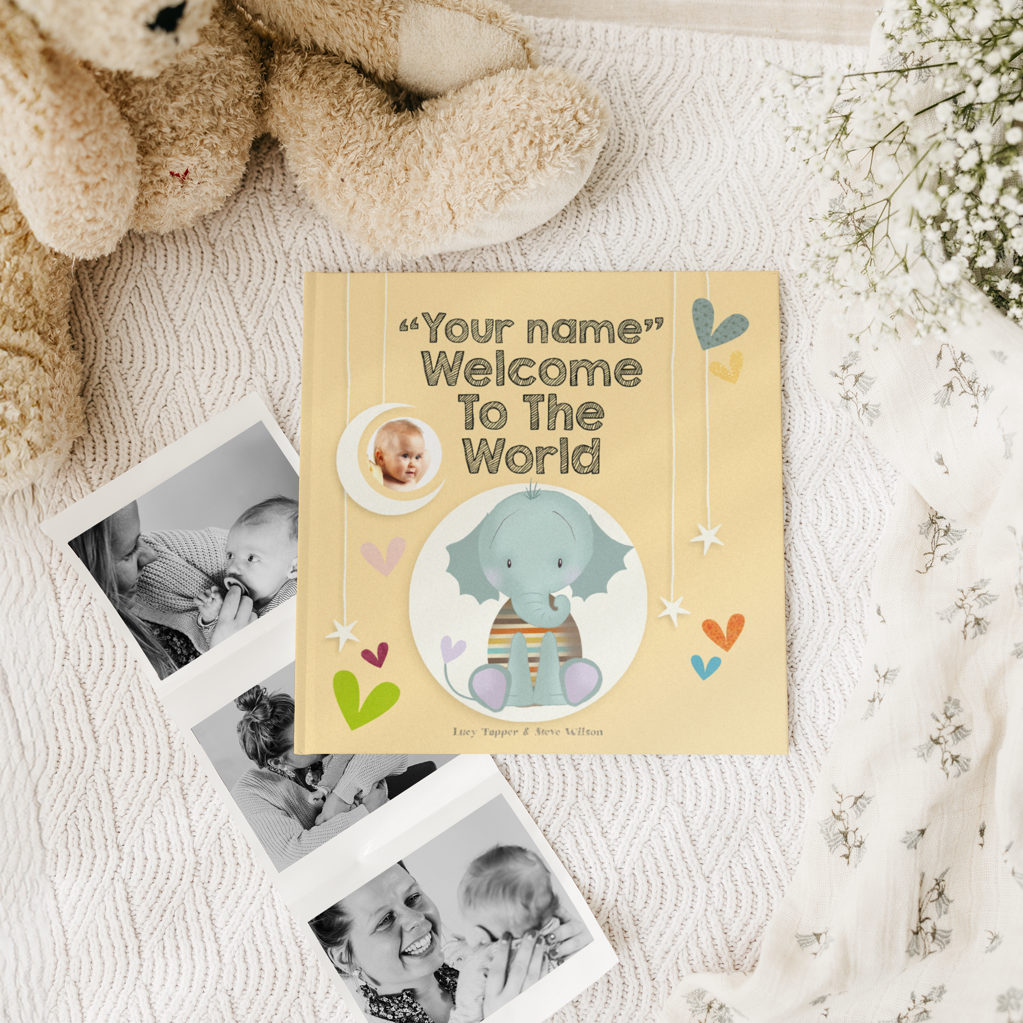 Baby book with name printed with a photo of a baby and a personalized title Welcome to the World