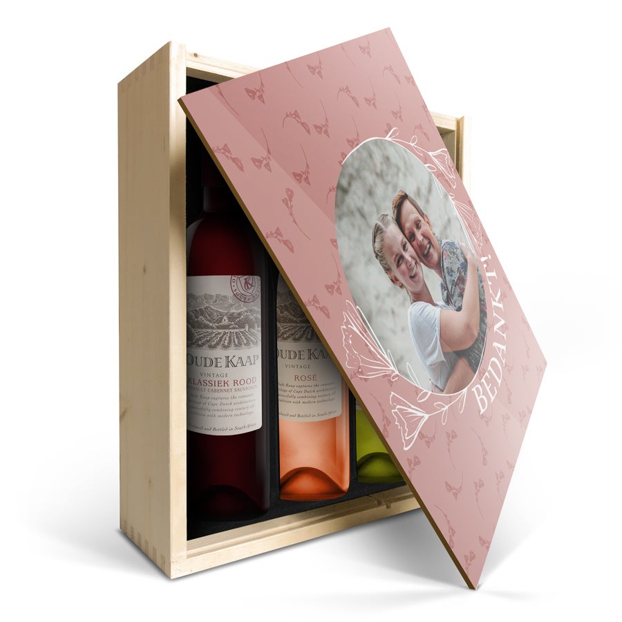 Wijnpakket in bedrukte kist - Oude Kaap - Wit, rood en rosé