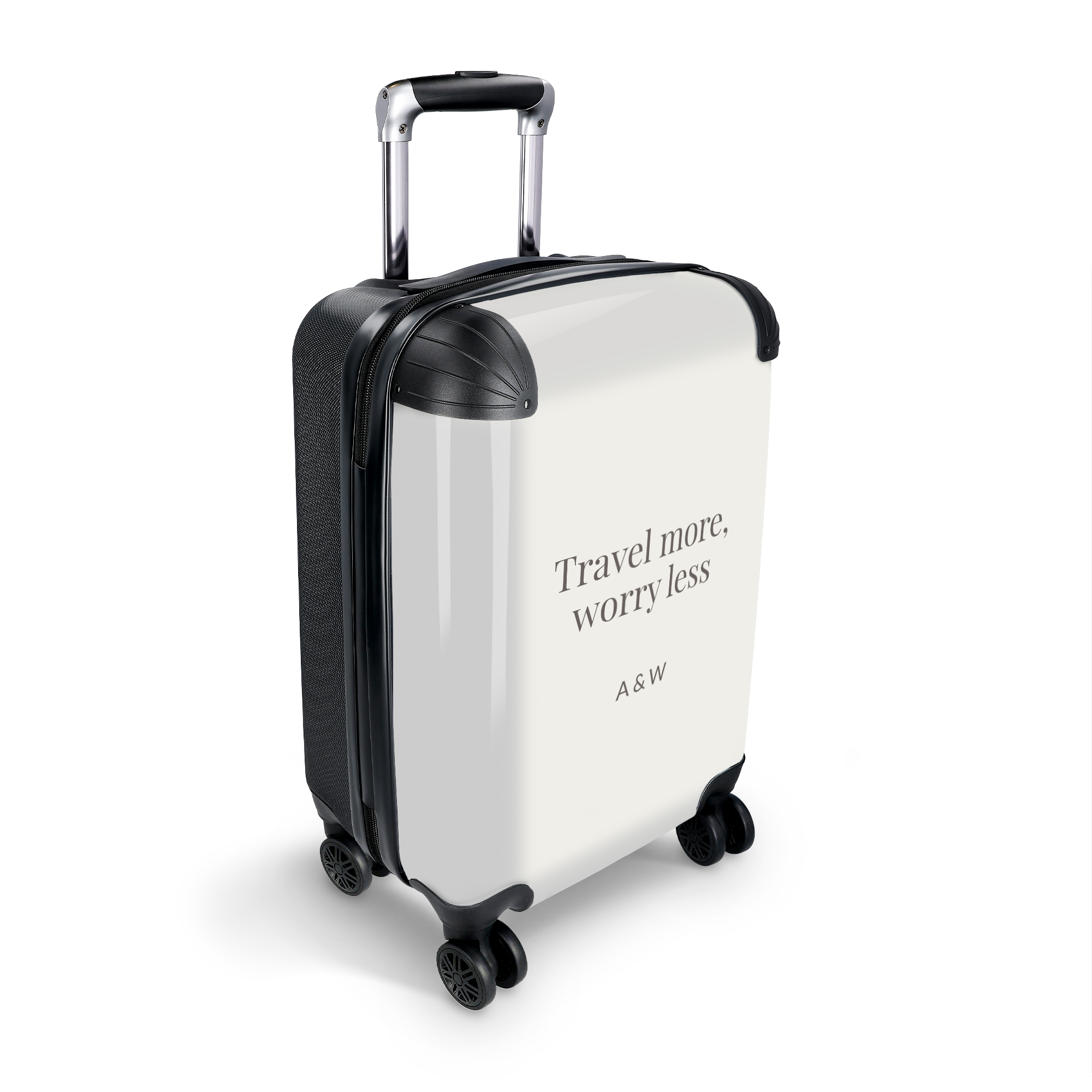 Personlig fotokoffert – Kabinstørrelse med teksten "Travel more, worry less" og forbokstaver, tilpasses med eget design