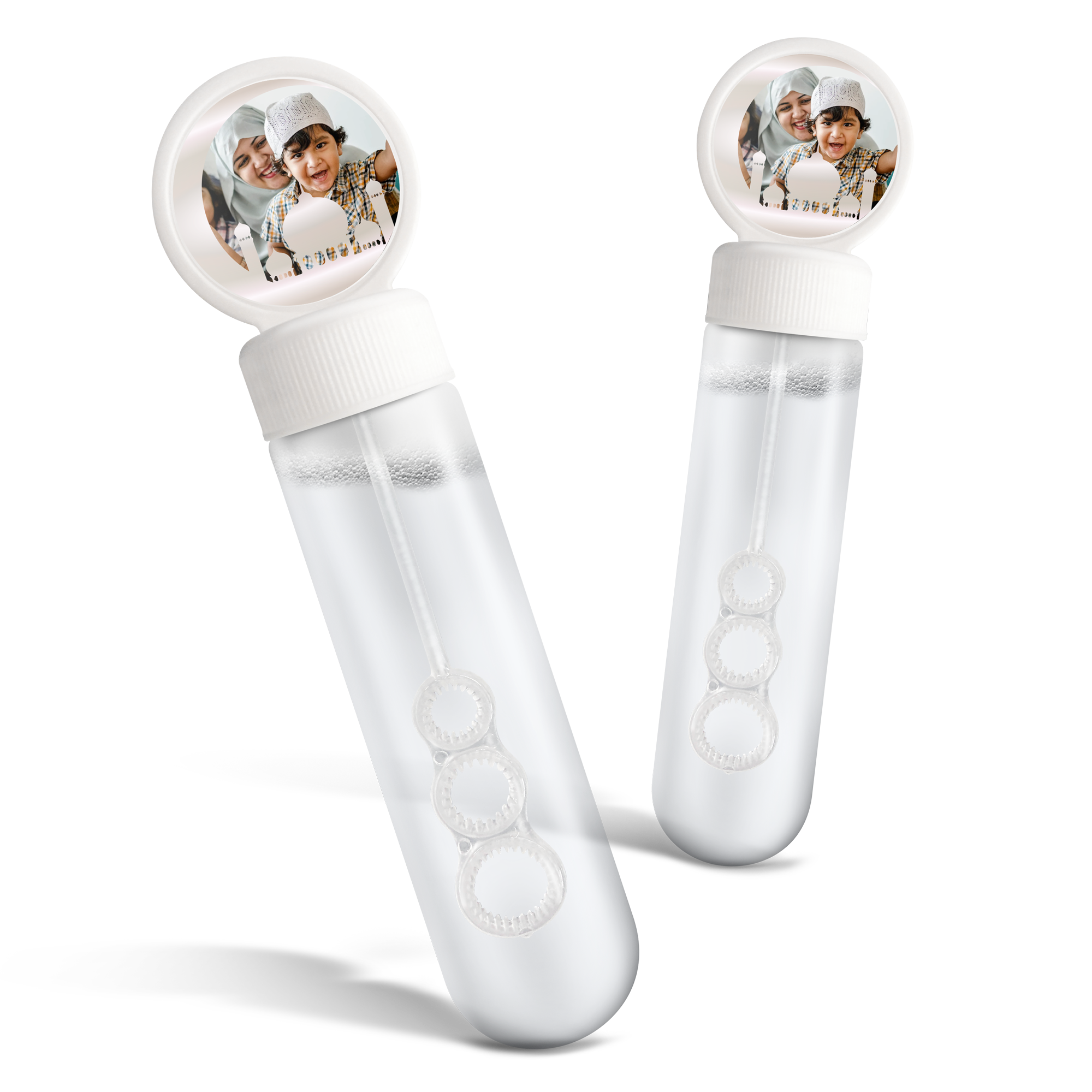 Personalized bubble favors with a printed photo of a child and an adult, perfect for your special day