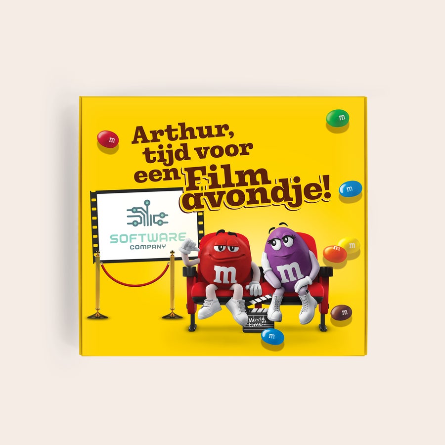 Gepersonaliseerde M&M's moviebox Gepersonaliseerde M&M'S film giftbox met naam Arthur en eigen logo Software Company, voor een leuke filmavond
