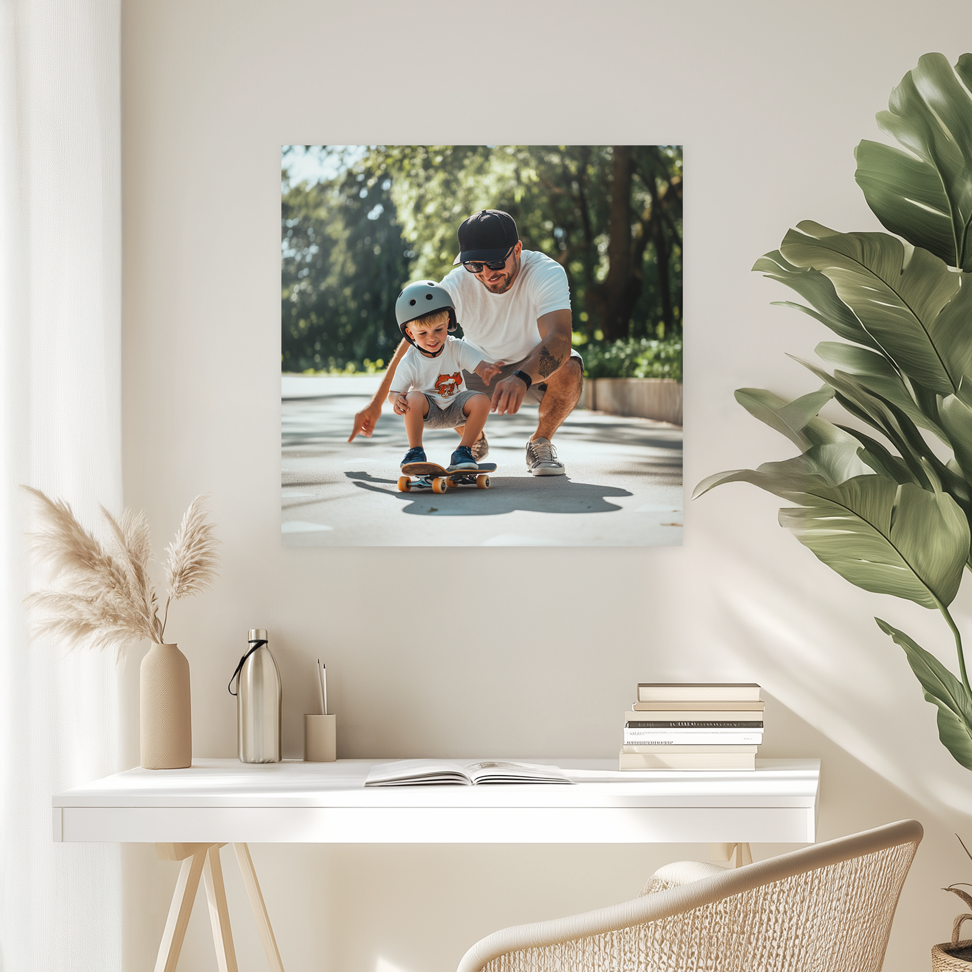 Tiskan plakat s personalizirano fotografijo očeta in sina na rolki, v notranjosti sobe.