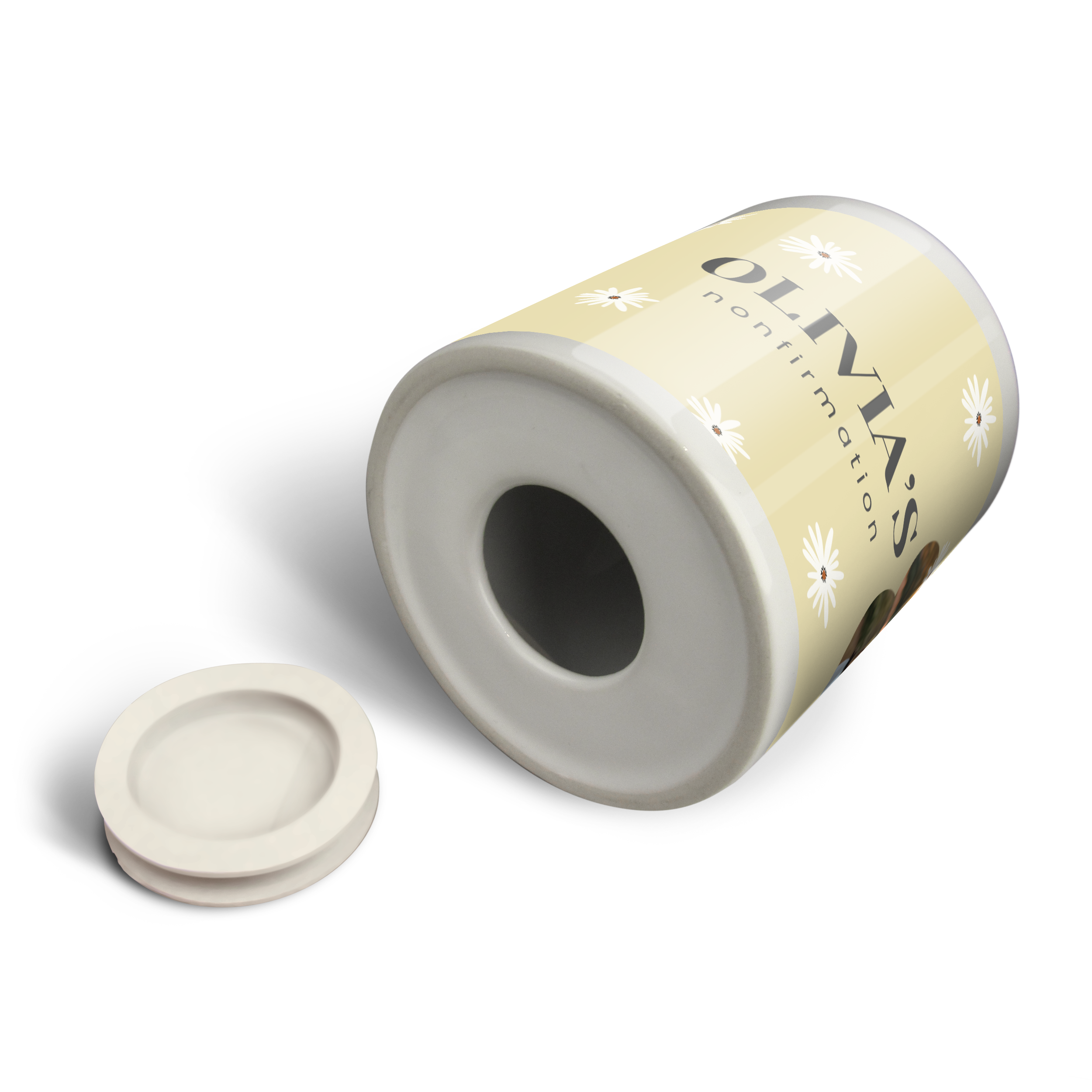 Personlig sparebøsse i keramik med tryk af tusindfryd, navn og teksten confirmation. En unik og sjov måde at giv penge til konfirmanden.