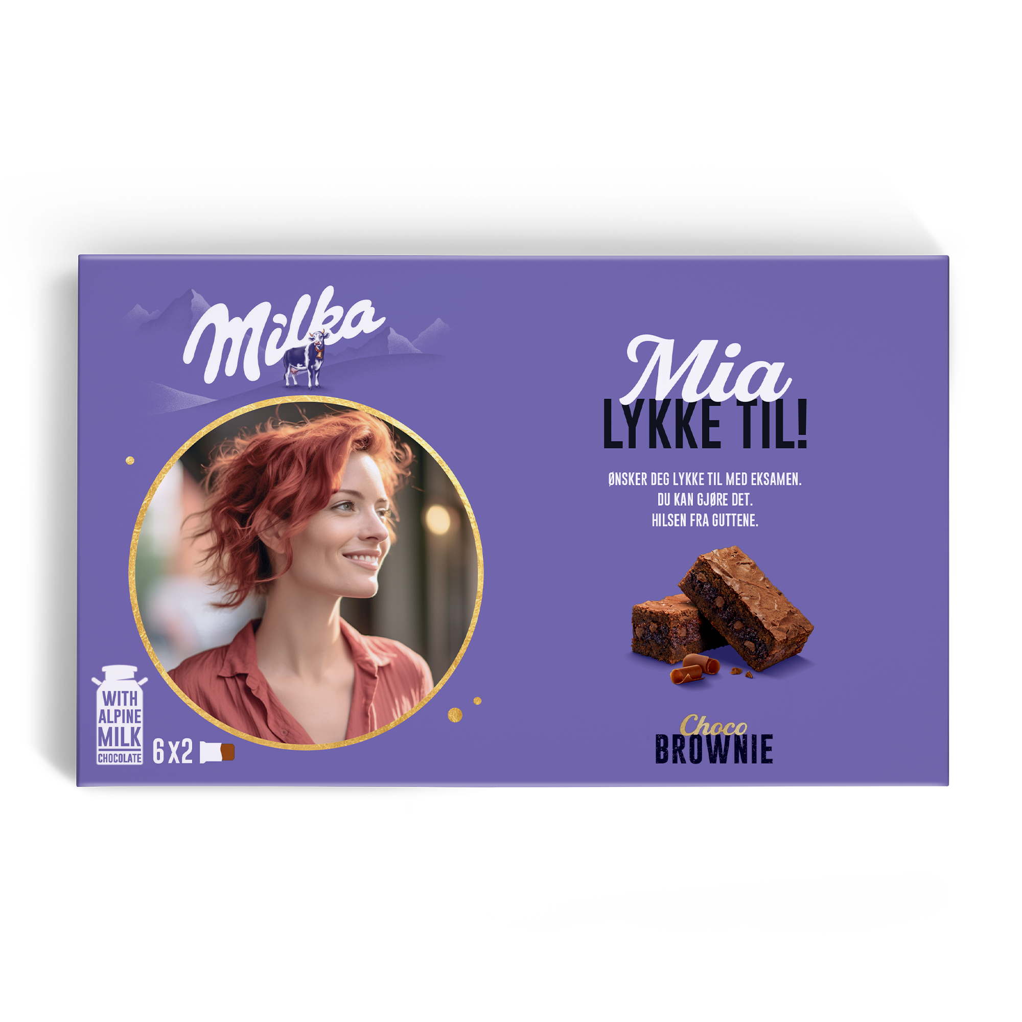 Personlig Milka Choco Brownie gaveeske trykt med bilde og teksten "Mia Lykke Til!"