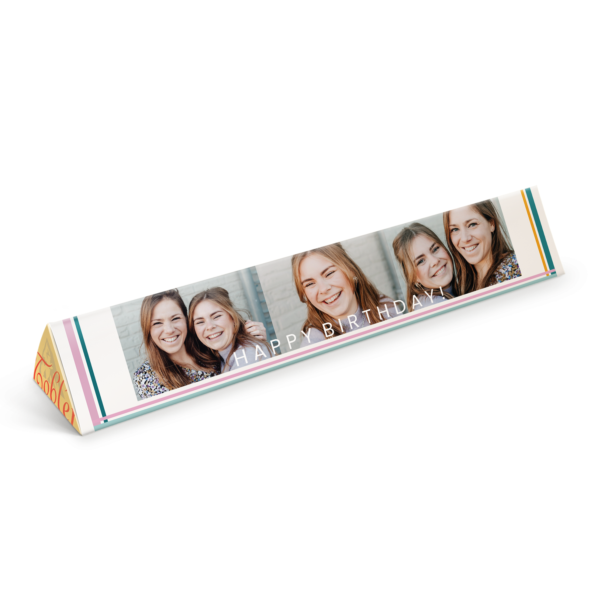 Barretta di Toblerone personalizzata con foto di gruppo e la scritta "Happy Birthday" stampata