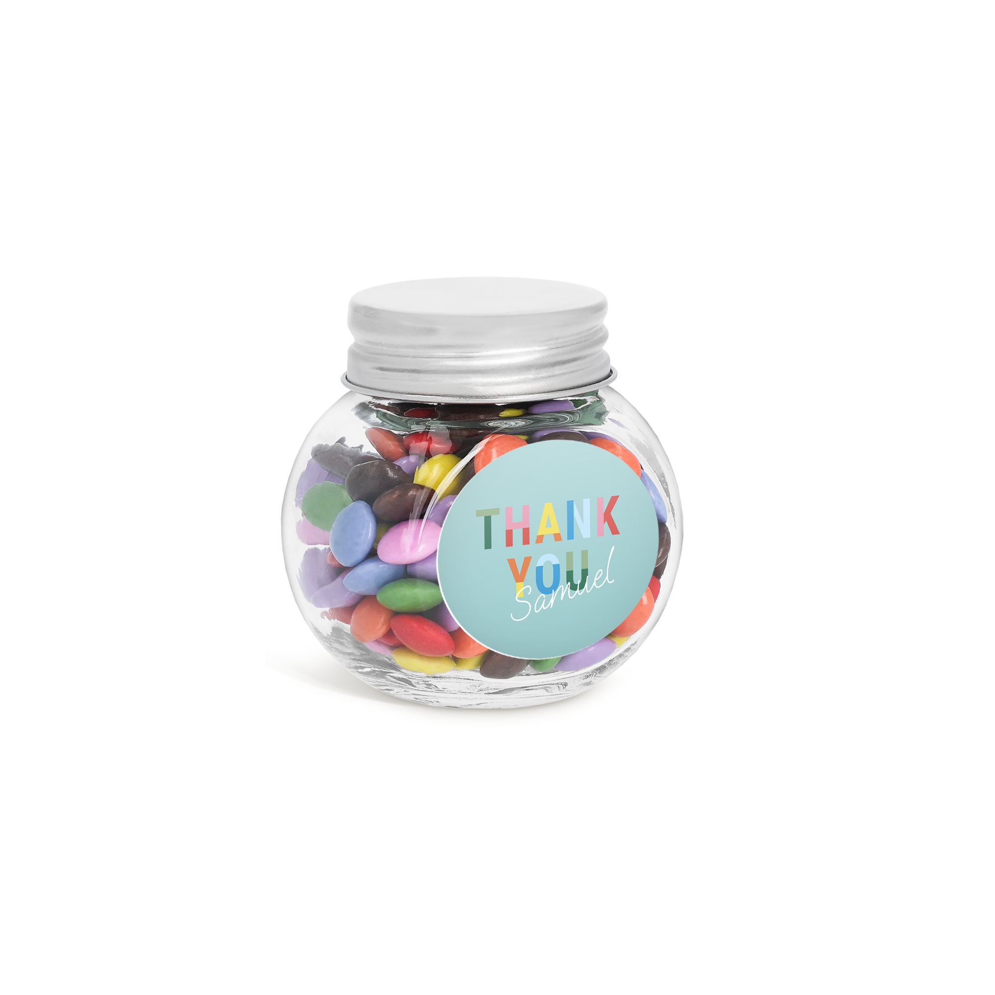 Glass jar of colourful chocolates with a sticker printed with Thank You Samuel, perfect for personalised favours