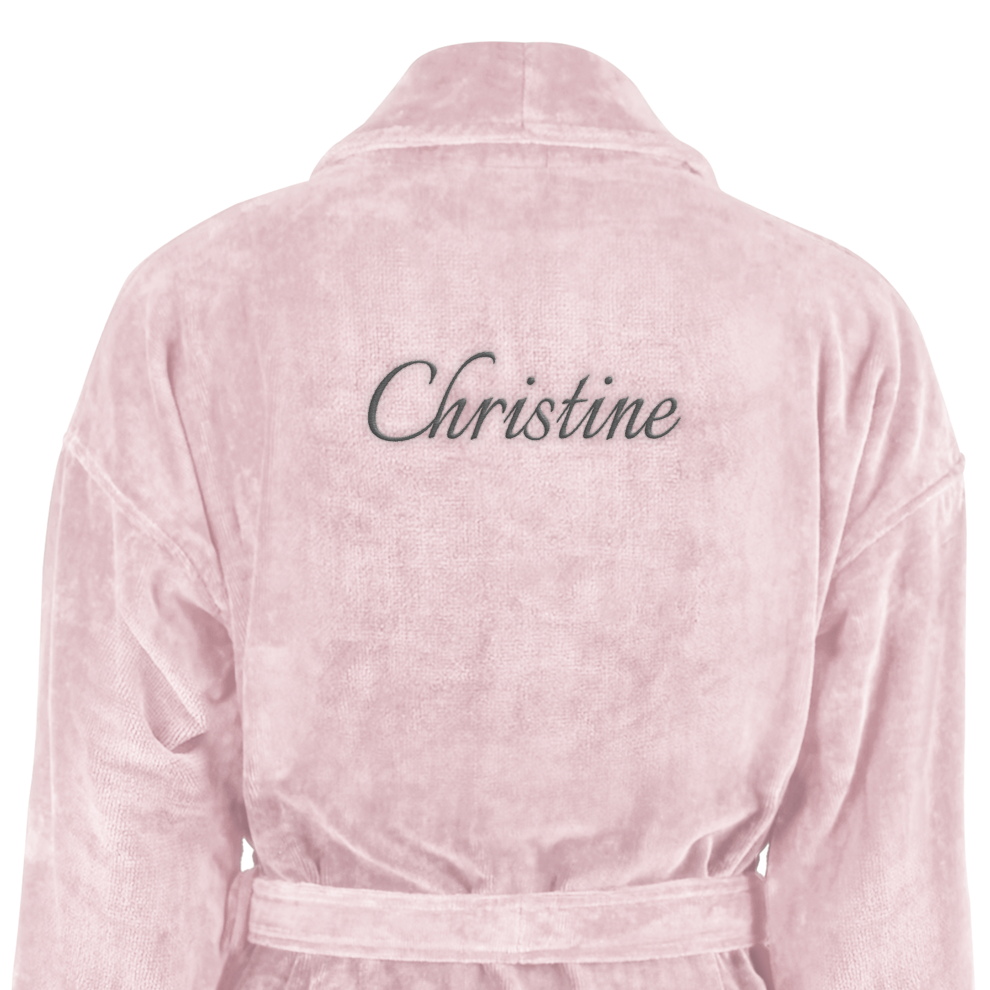 Luksus lyserød morgenkåbe til damer med navnet Christine broderet i mørkegrå på ryggen.