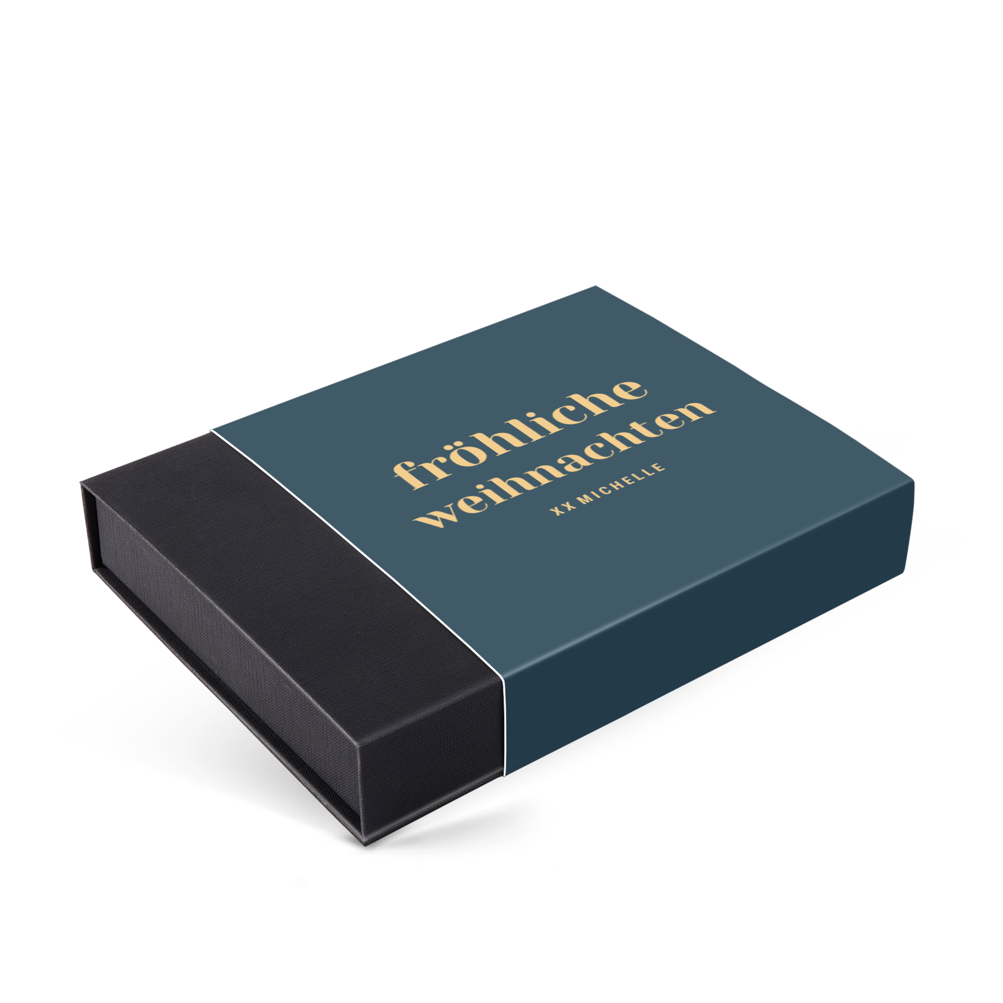 Dunkelblaue Schachtel personalisierter Weihnachtspralinen mit der Aufschrift fröhliche Weihnachten und dem Namen XX MICHELLE als personalisiertes Geschenk