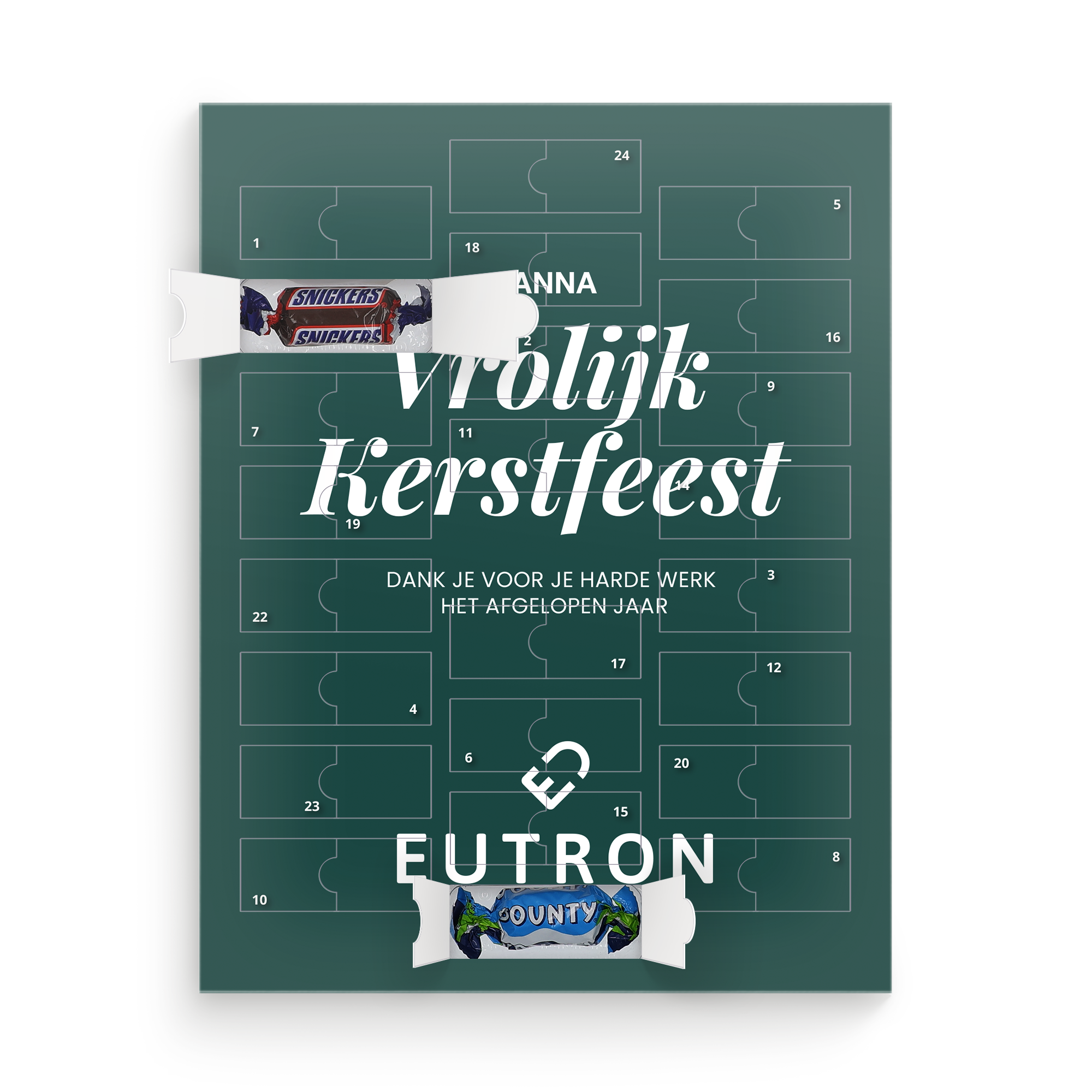 Mars Miniatures adventskalender bedrukt met "vrolijk Kerstfeest", een naam, bedrijfslogo en persoonlijke tekst om heerlijk af te tellen.