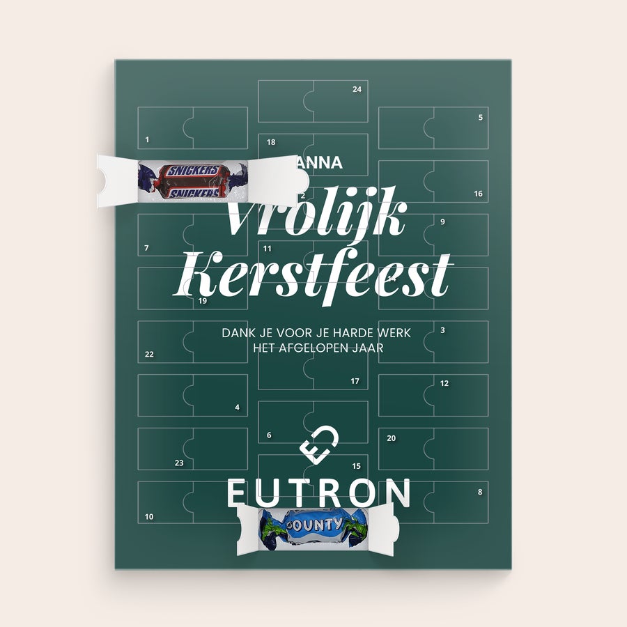 Gepersonaliseerde Mars Miniatures adventskalender Mars Miniatures adventskalender bedrukt met "vrolijk Kerstfeest", een naam, bedrijfslogo en persoonlijke tekst om heerlijk af te tellen.