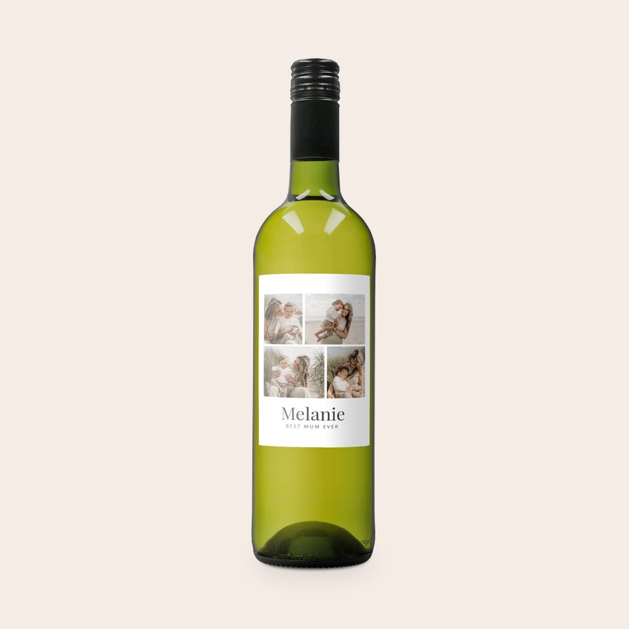Belvy Botella de vino blanco Belvy con etiqueta impresa que muestra un collage de fotos y el texto "Melanie Best Mum Ever".