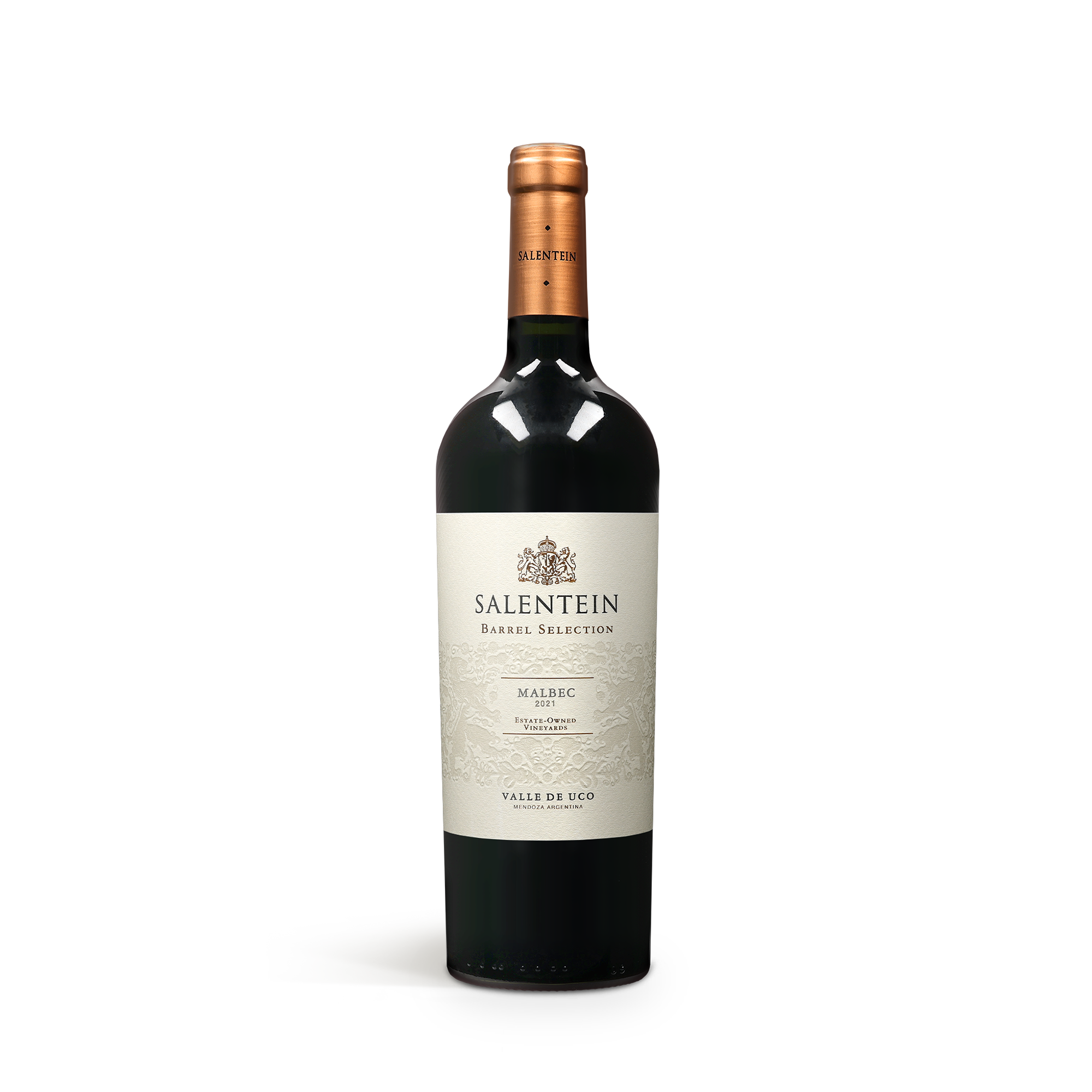 Butelka wina Salentein Malbec 2021 z etykietą Salentein Barrel Selection gotowa do umieszczenia w pudełku.