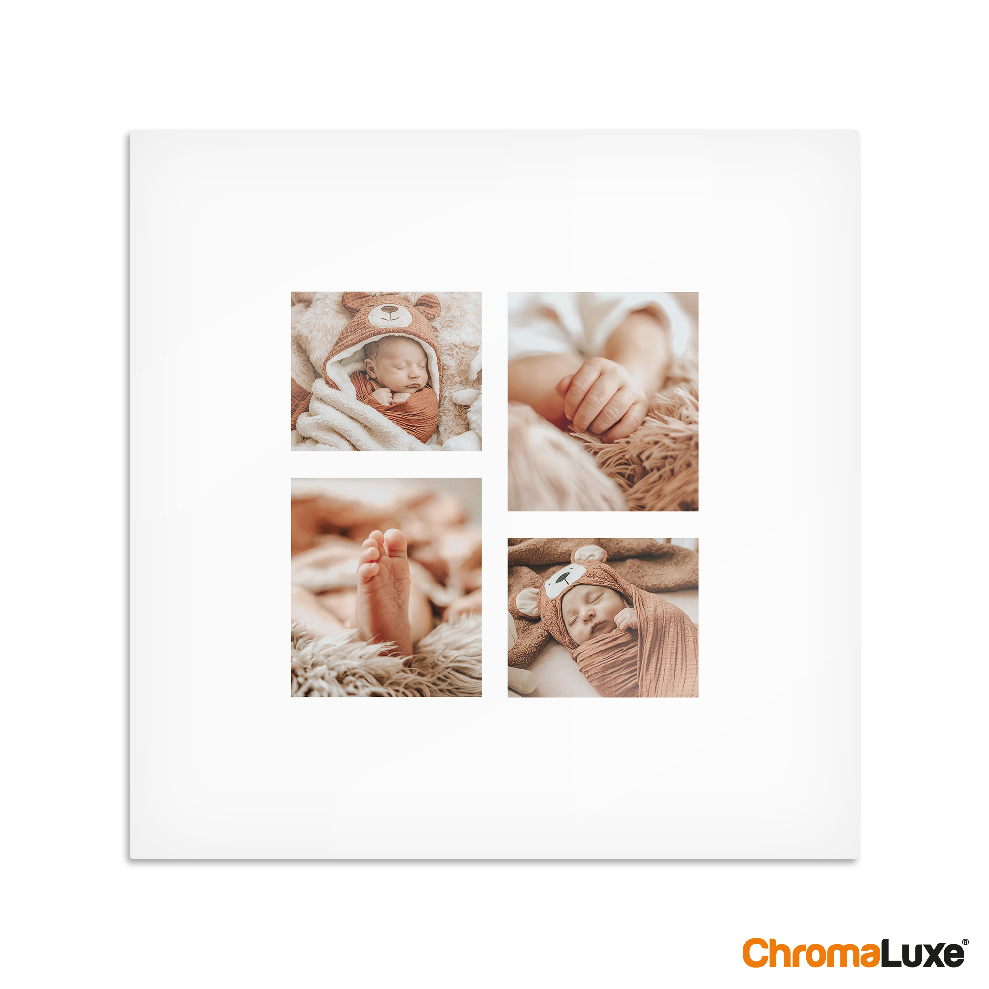 Vit Chromaluxe aluminium fotoprints tryckt med ett collage av fyra bebisbilder