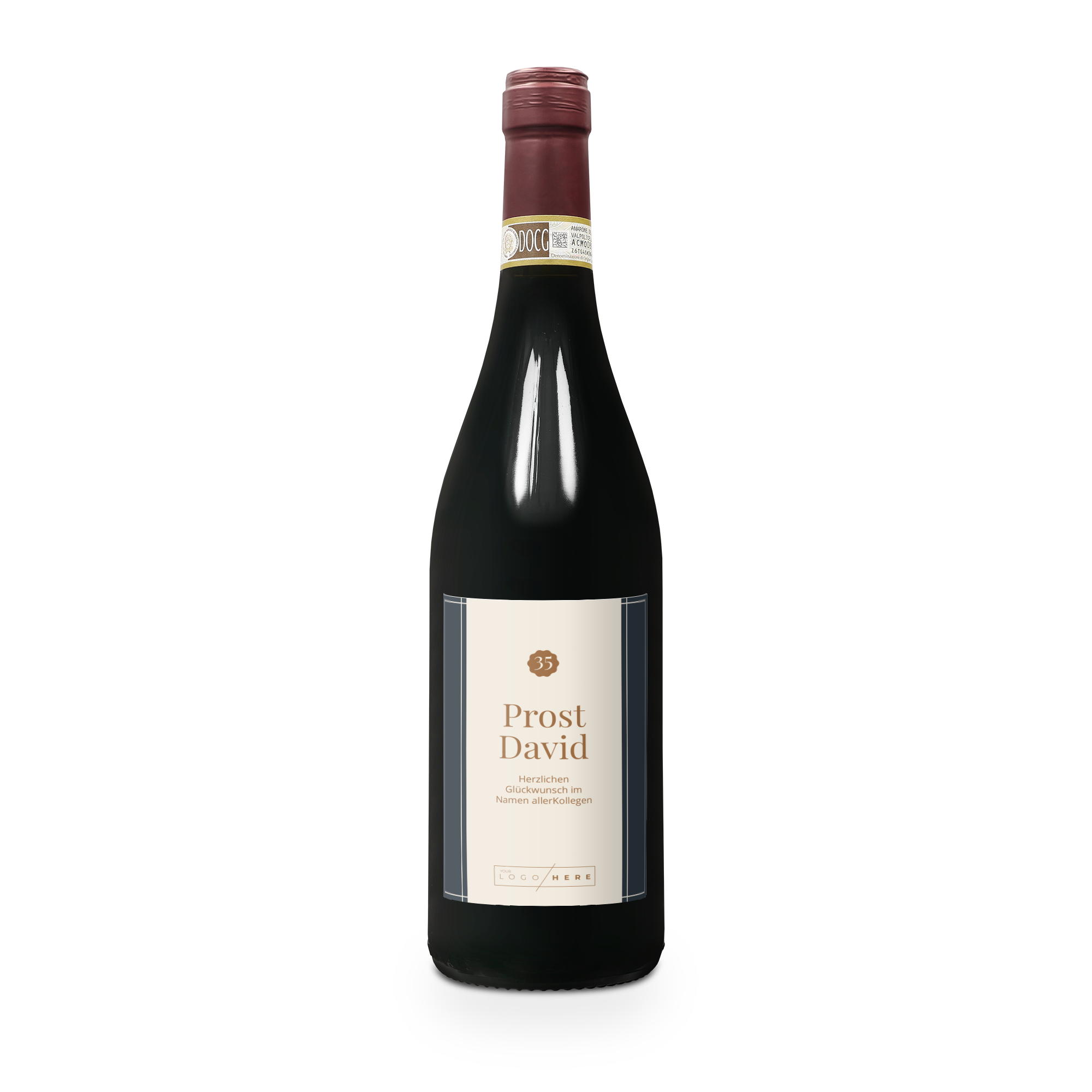 Dunkle Farina Amarone della Valpolicella Weinflasche mit eigenem Etikett, bedruckt mit "Prost David" und "Herzlichen Glückwunsch". Das perfekte Weingeschenk.