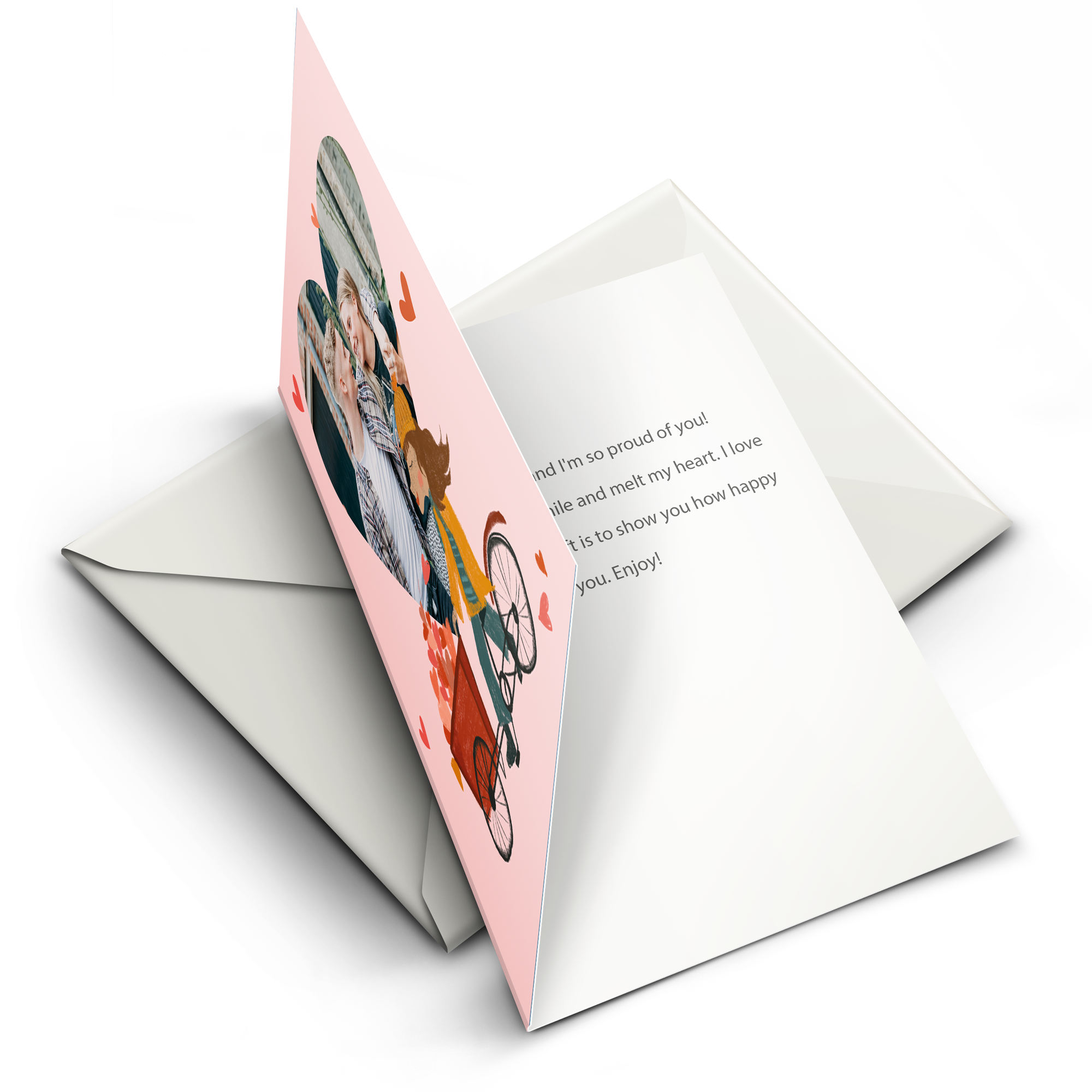 Biglietto fotografico personalizzato con foto di coppia e illustrazione, stampato con testo personalizzabile, perfetto per ogni occasione