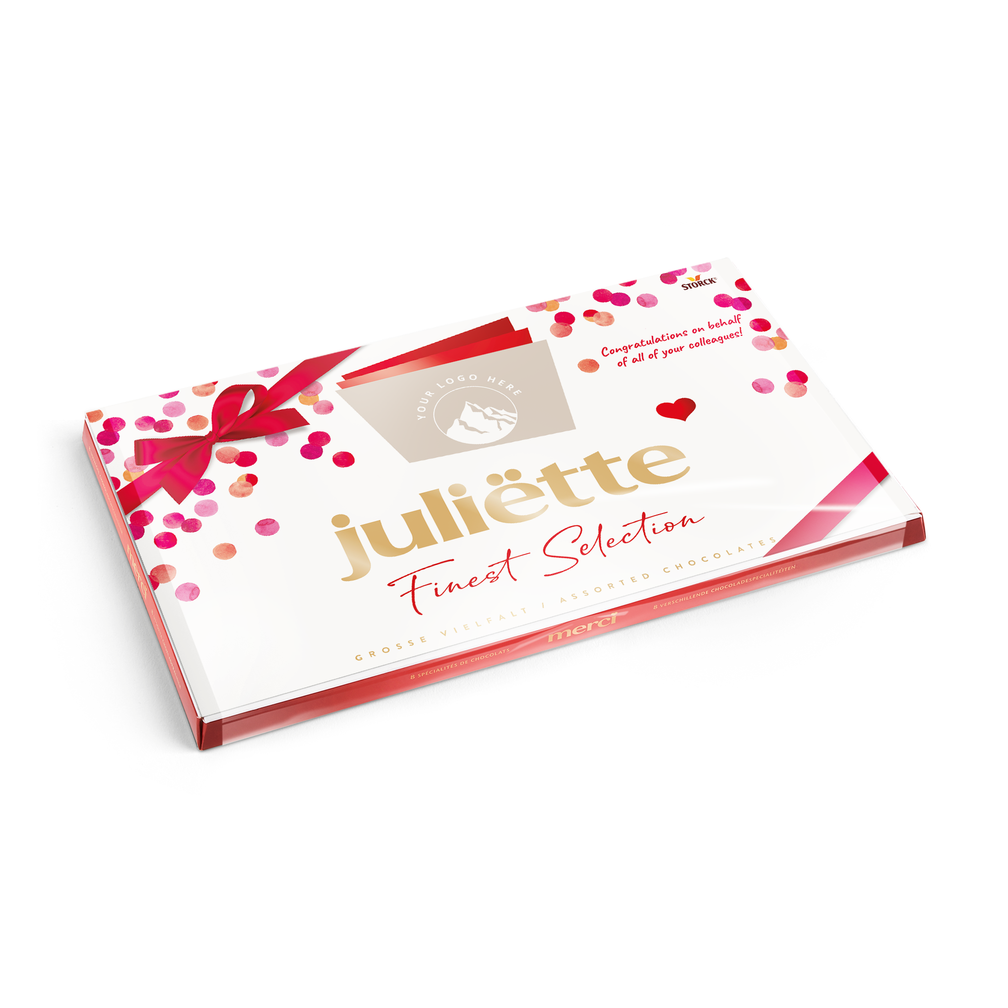 Chocolate merci con tarjeta personalizada 400 gramos, con lazo rojo y diseño de confeti, texto Juliette impreso.