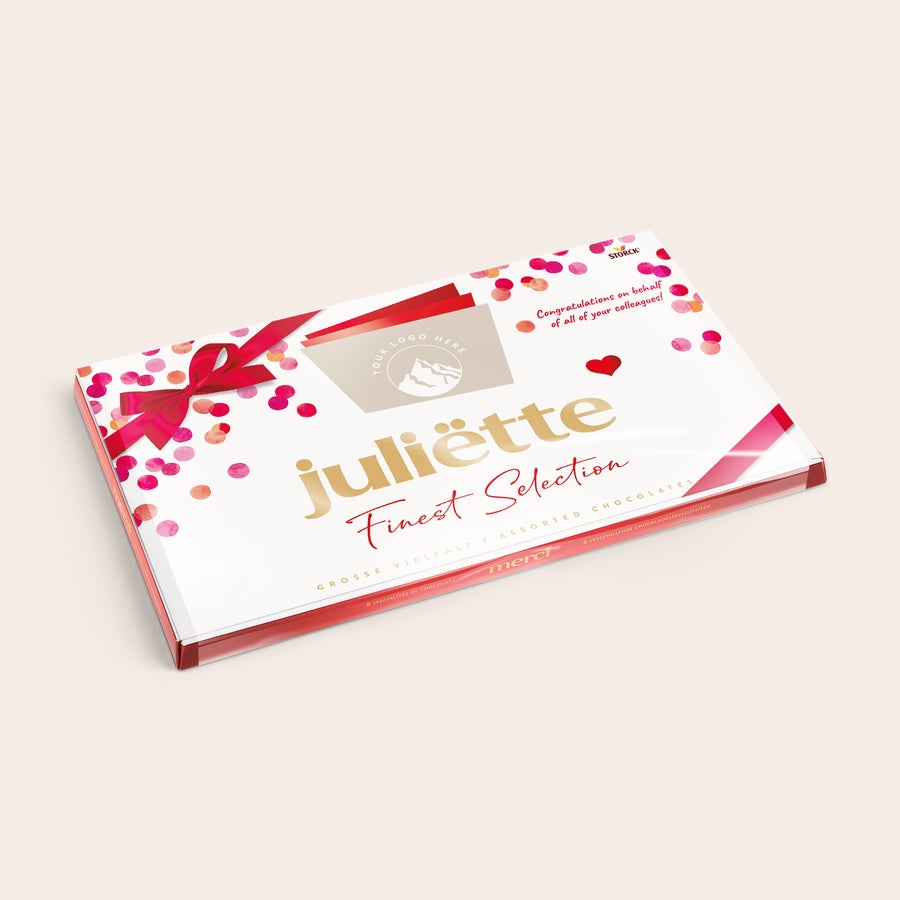 Merci-suklaarasia kuvalla ja/tai tekstillä ja kortilla Merci-suklaa henkilökohtaisella kortilla - 400 grammaa, jonka kanteen on painettu "Juliëtte" ja onnitteluviesti.
