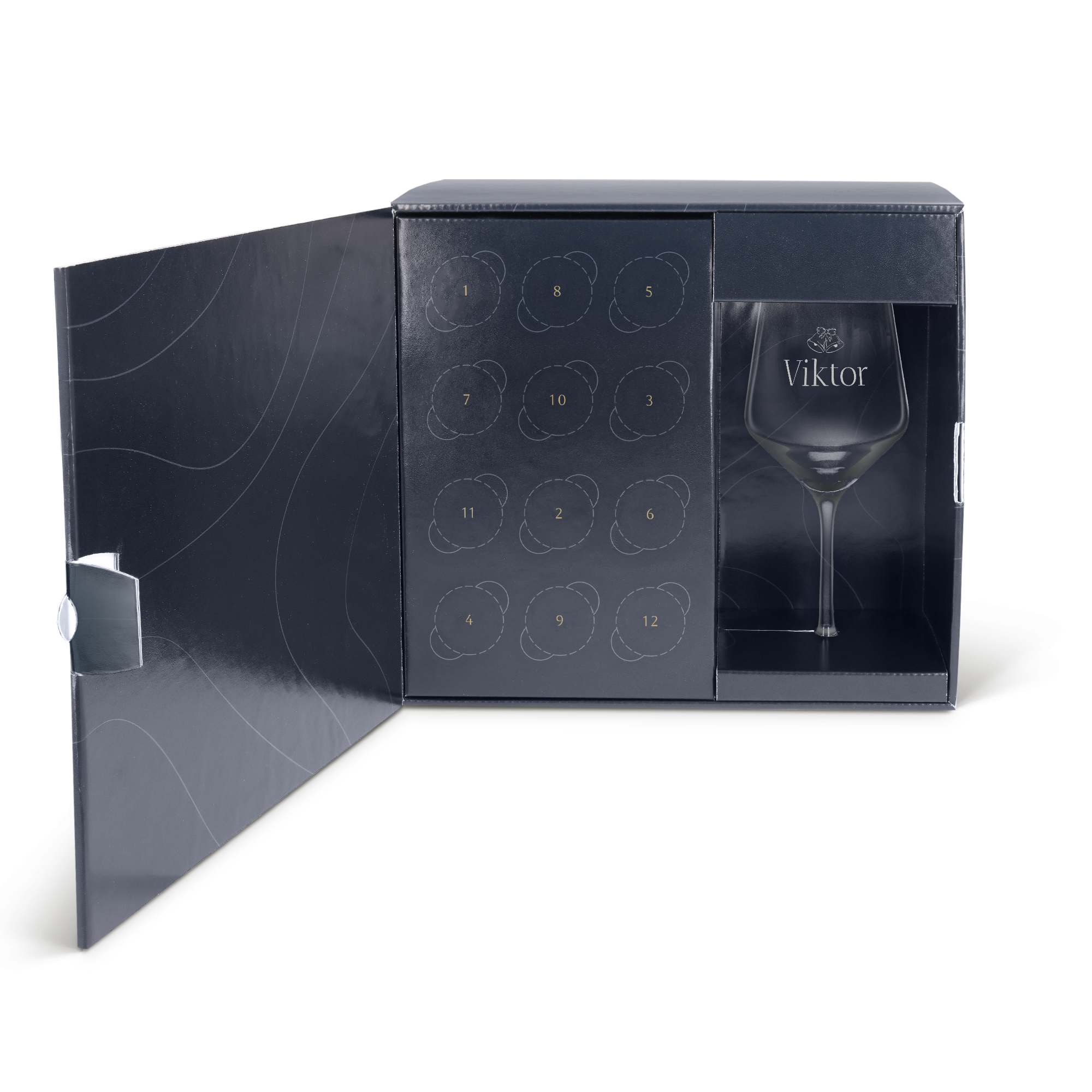 Elegant vin adventskalender med graverat glas personifierat med namnet Viktor, redo för 12 dagar av överraskningar.